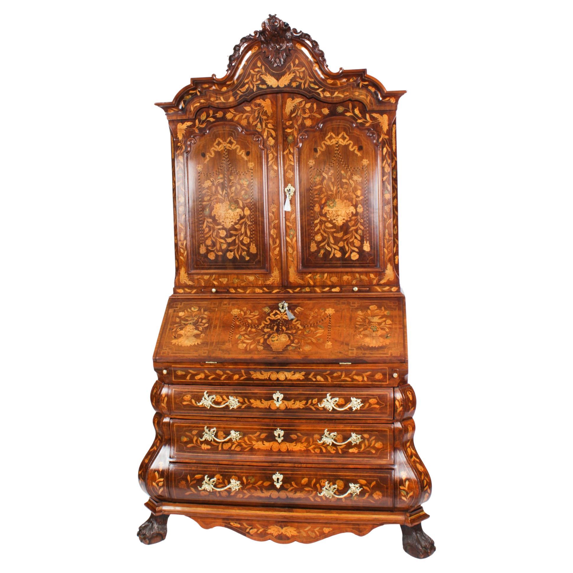 Antique Walnut Dutch Marquetry Bureau Cabinet Bookcase 18th Century For Sale