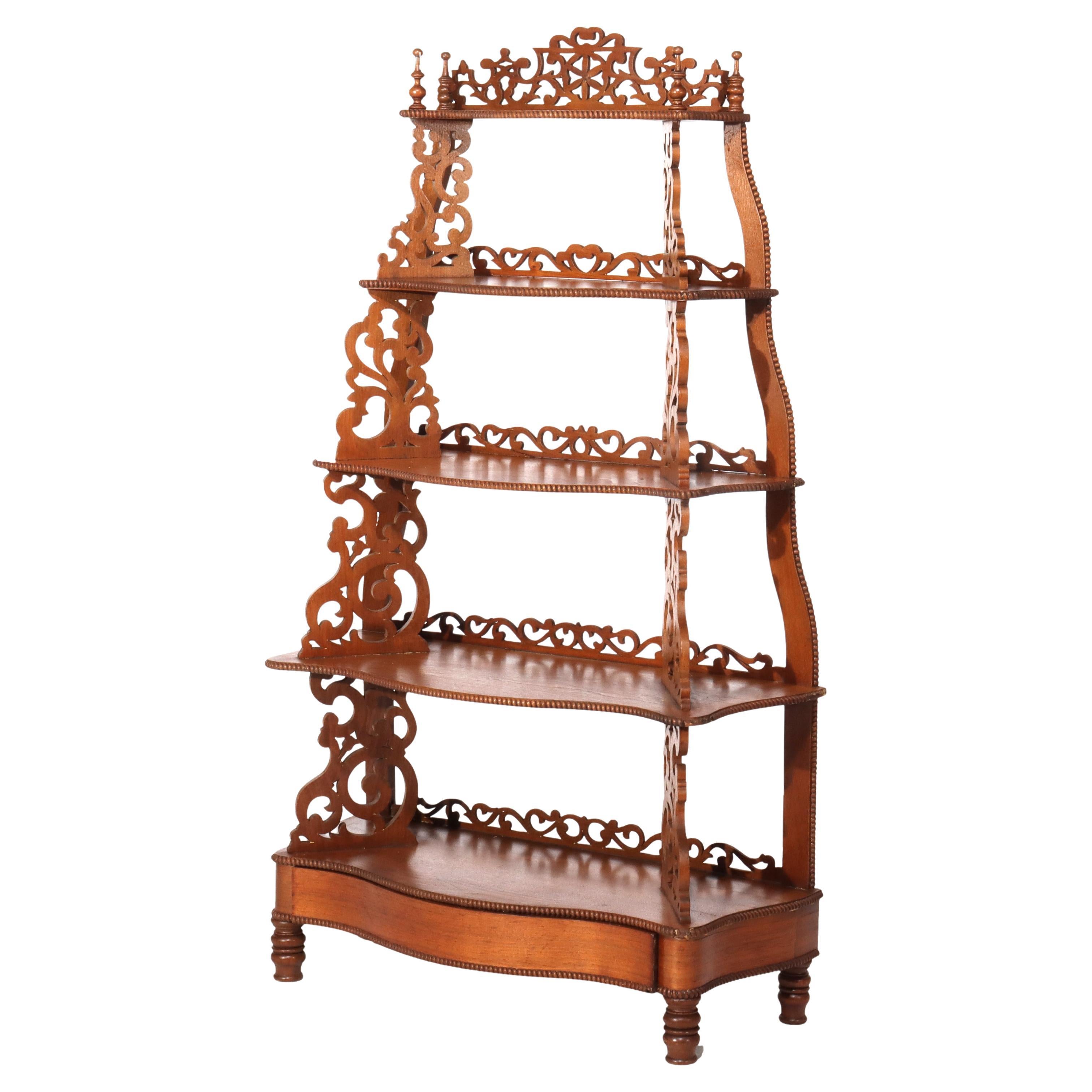 Antique Walnut Filigree Five-Shelf Etagere With Drawer C1880