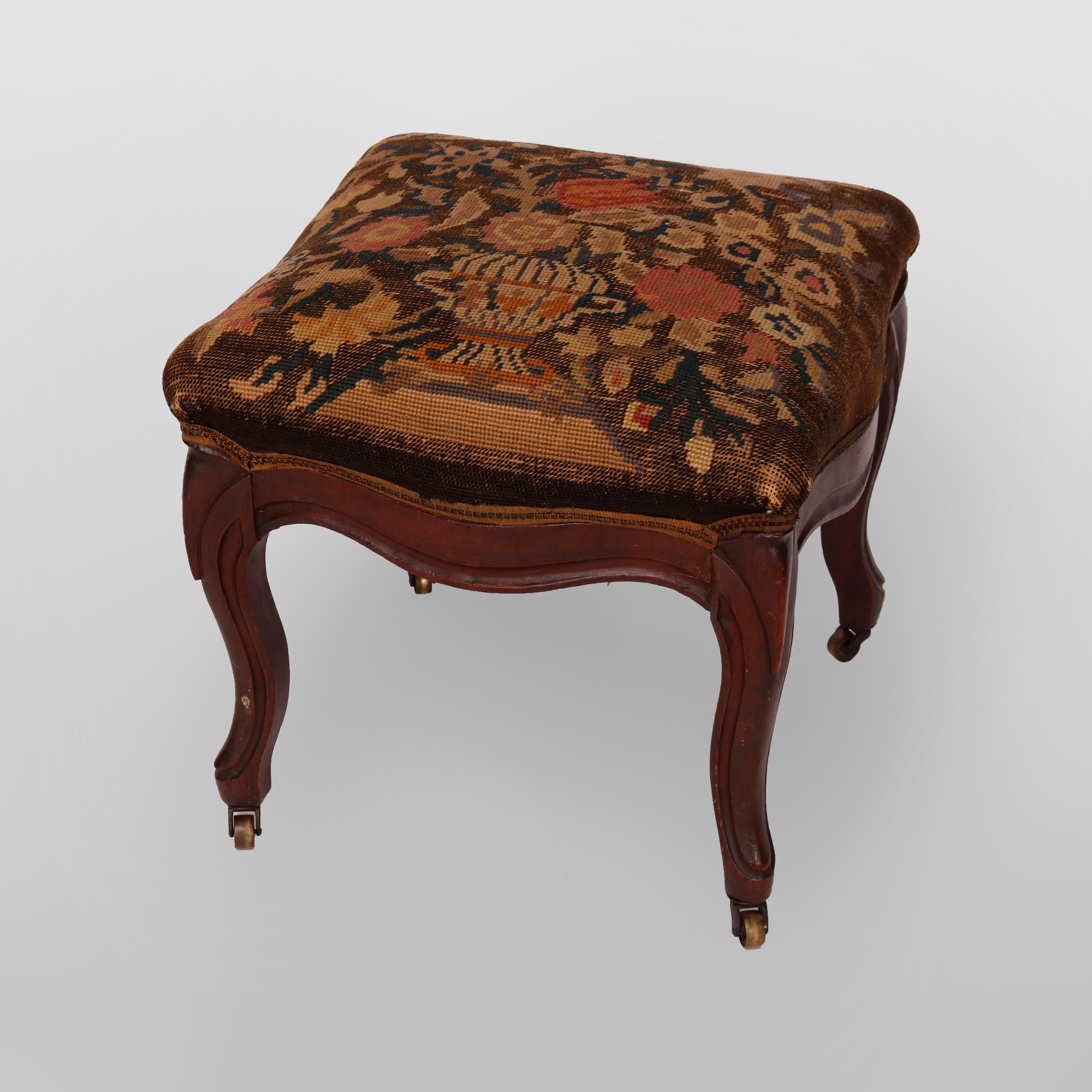 Victorian Antique Walnut Finger Carved Needlepoint Foot Stool, Circa 1890
