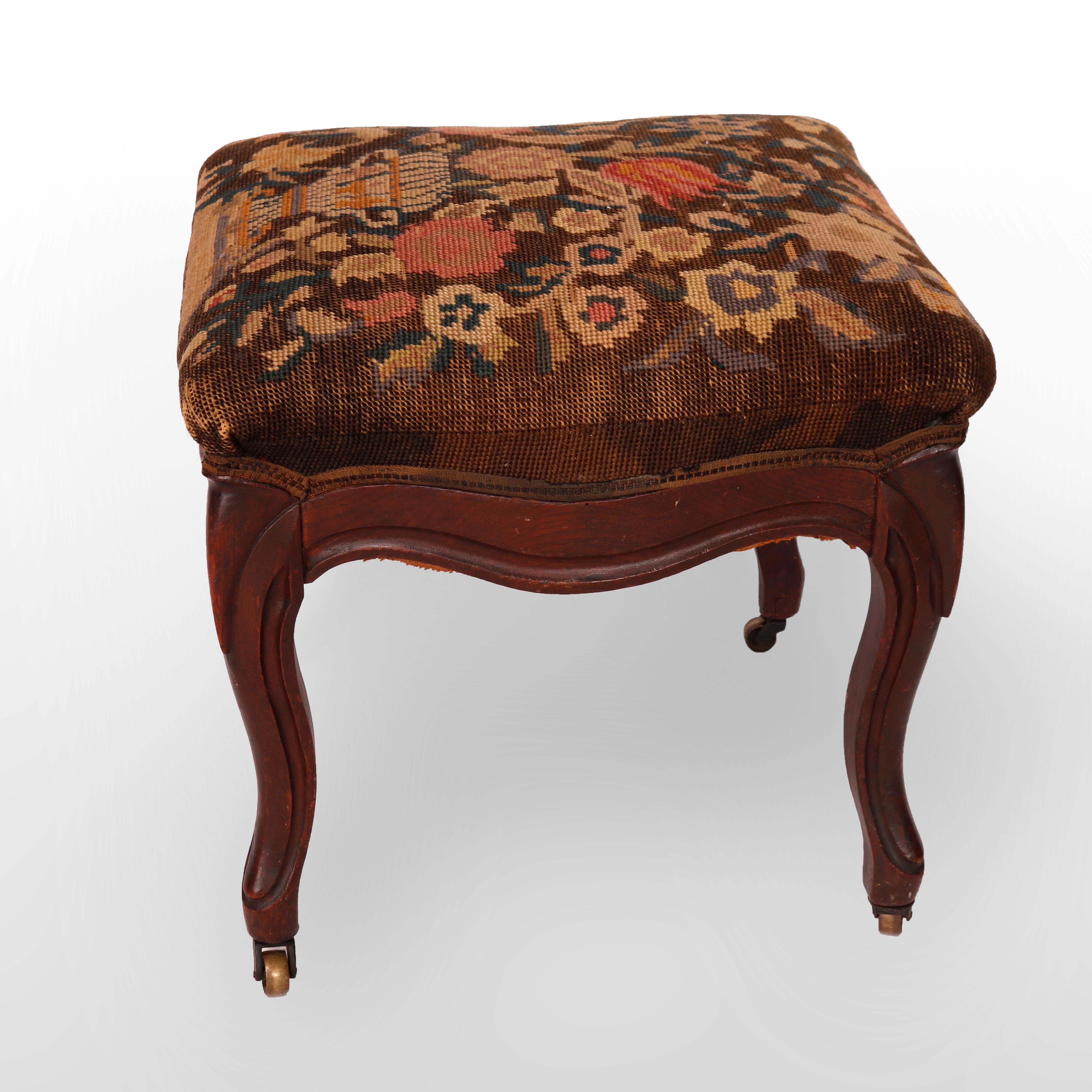 Antique Walnut Finger Carved Needlepoint Foot Stool, Circa 1890 In Good Condition In Big Flats, NY