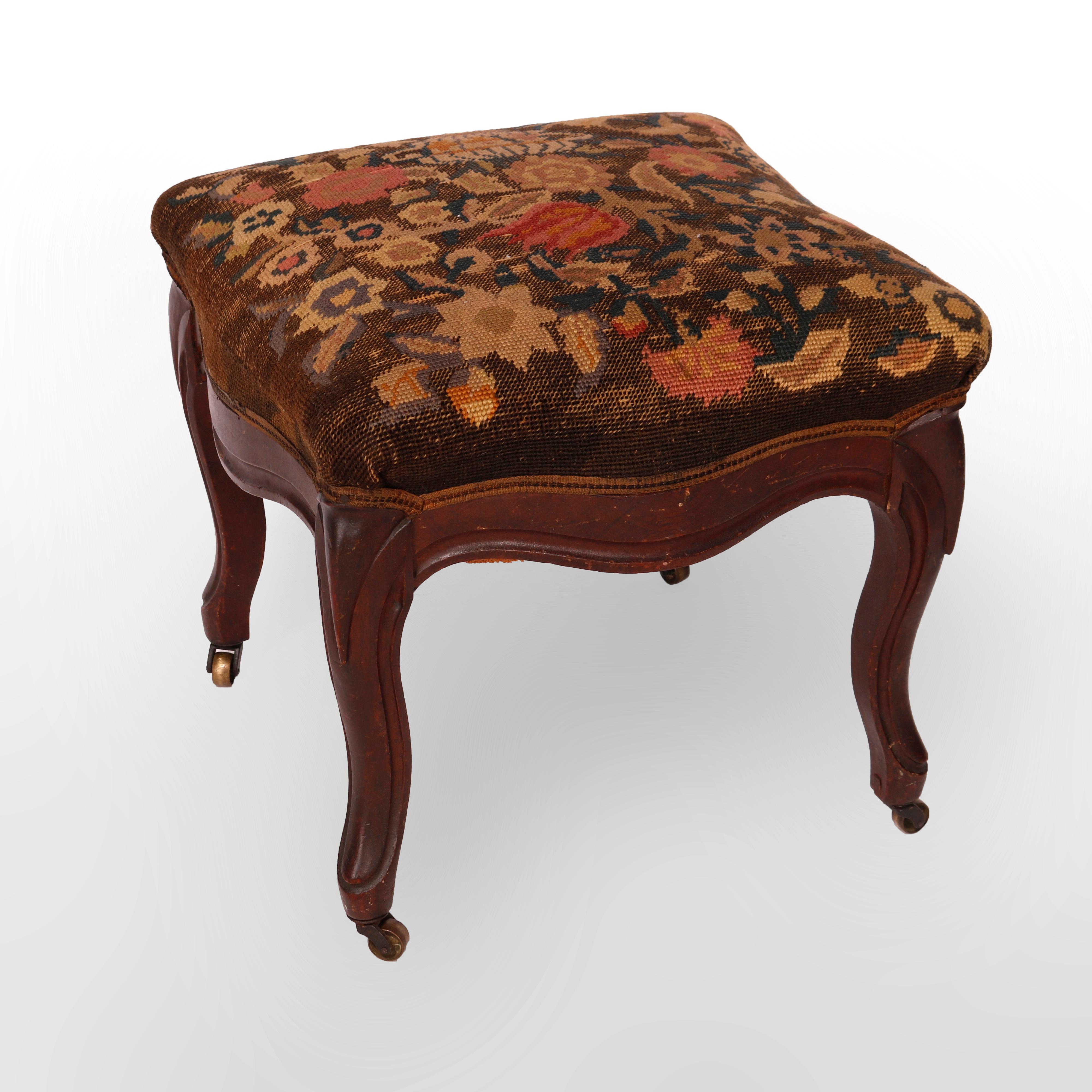 19th Century Antique Walnut Finger Carved Needlepoint Foot Stool, Circa 1890