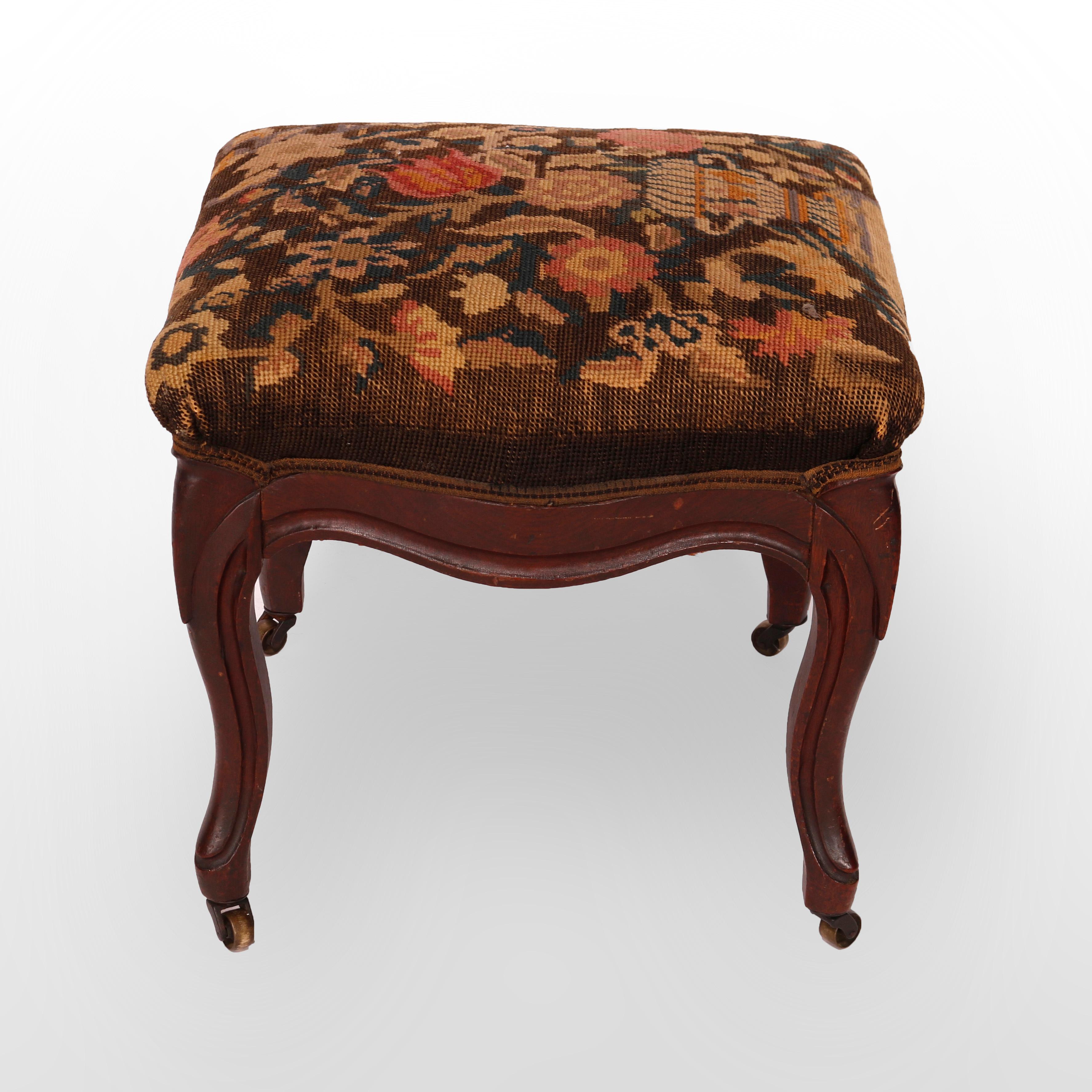 Antique Walnut Finger Carved Needlepoint Foot Stool, Circa 1890 1