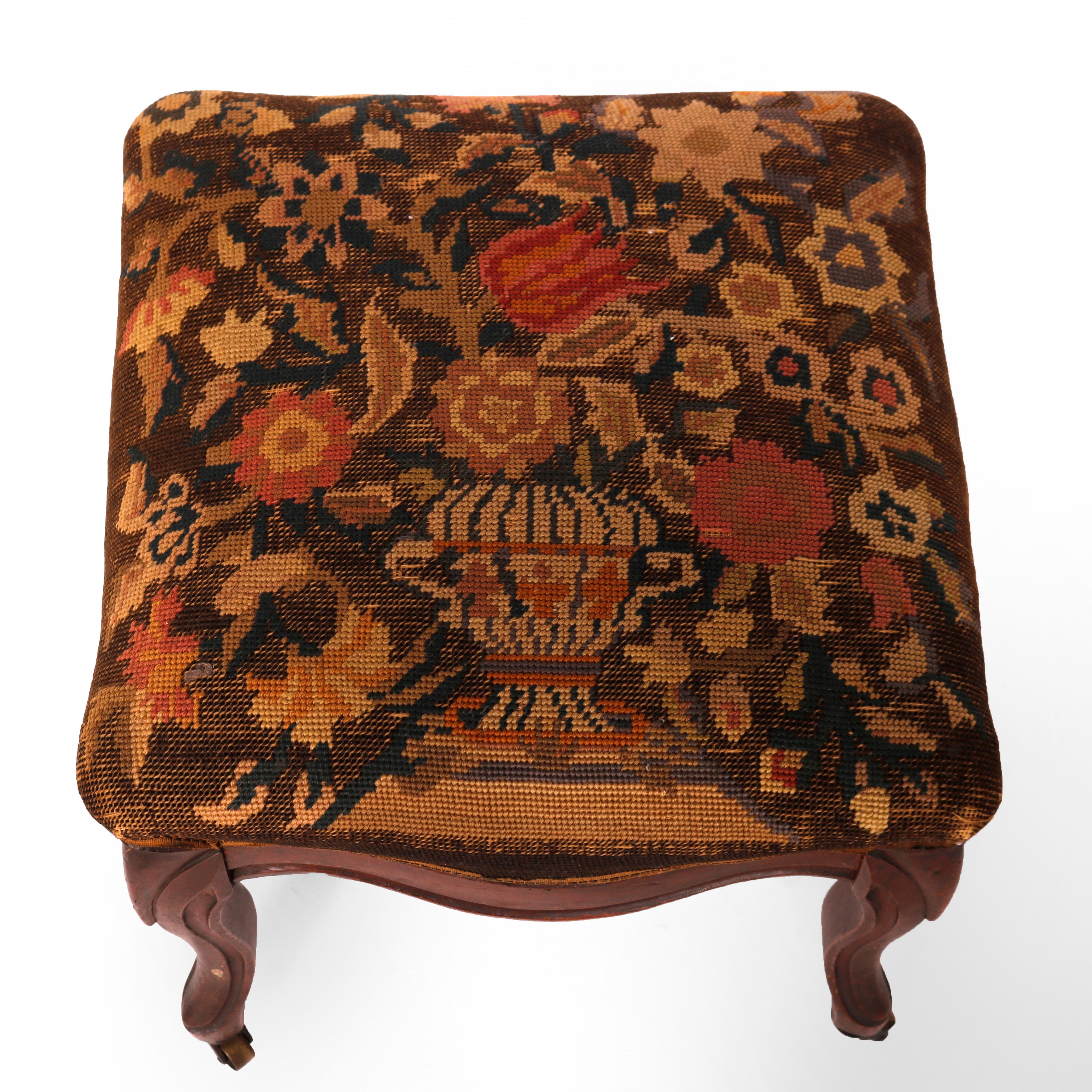 Antique Walnut Finger Carved Needlepoint Foot Stool, Circa 1890 2