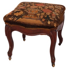 Antique Walnut Finger Carved Needlepoint Foot Stool, Circa 1890