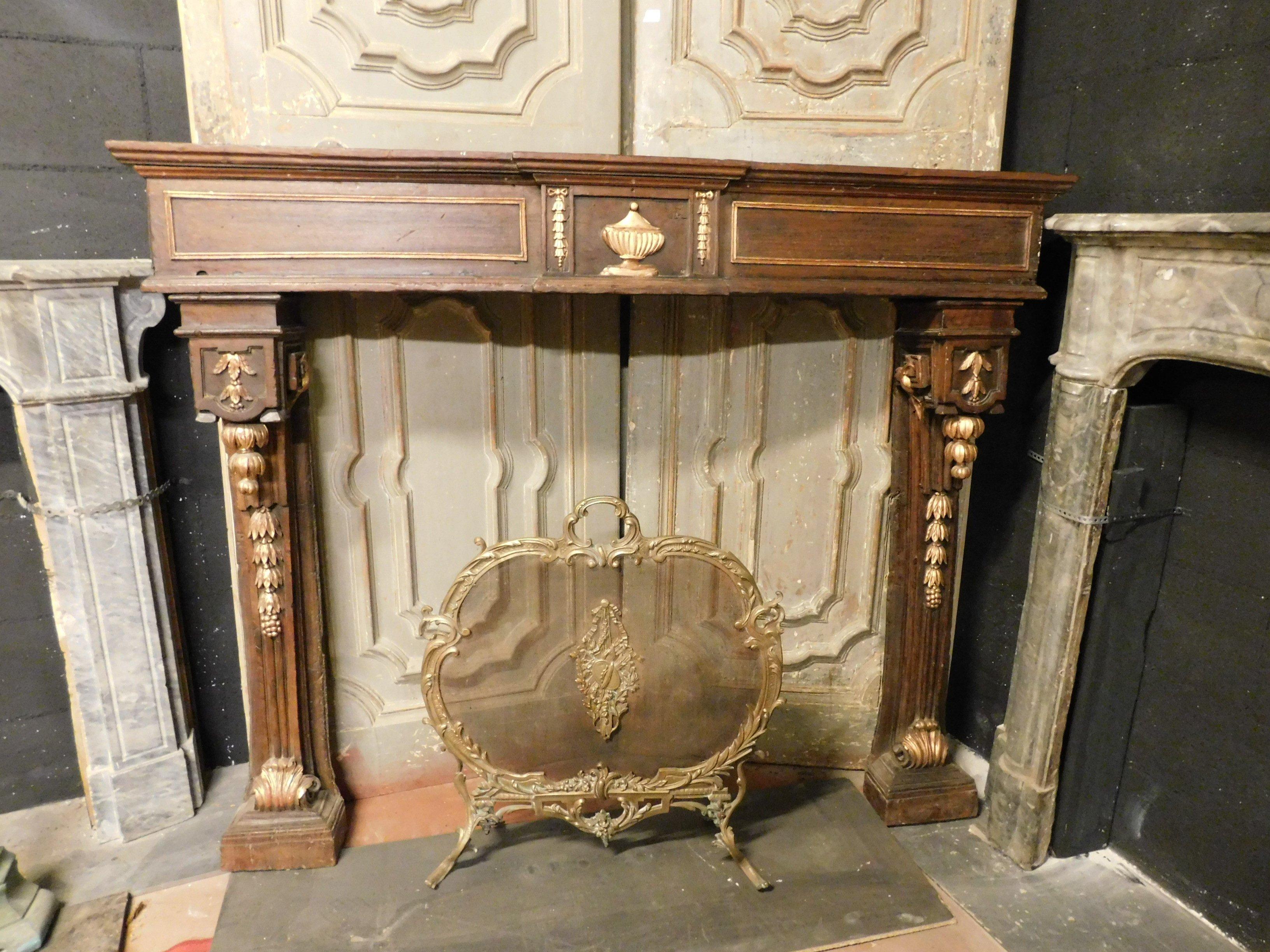 Hand-Carved Antique Walnut Fireplace Mantel Gold Decorations Cornucopias, Louis XVI, Italy For Sale