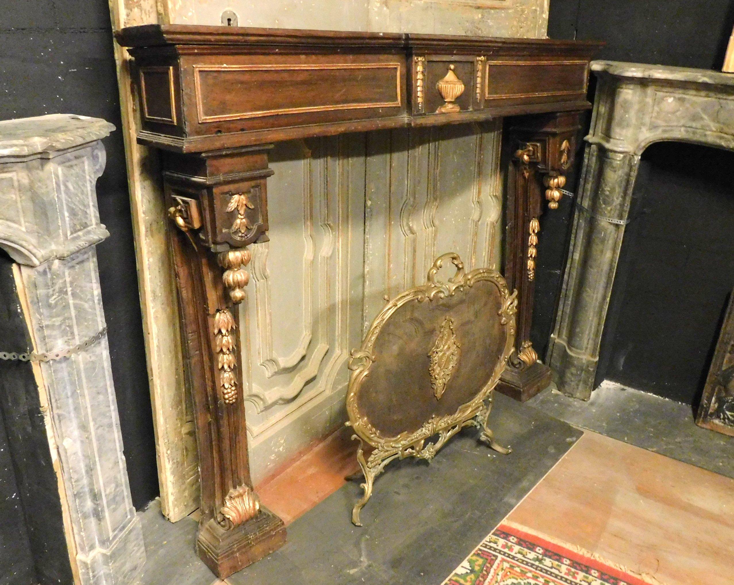 Late 18th Century Antique Walnut Fireplace Mantel Gold Decorations Cornucopias, Louis XVI, Italy For Sale