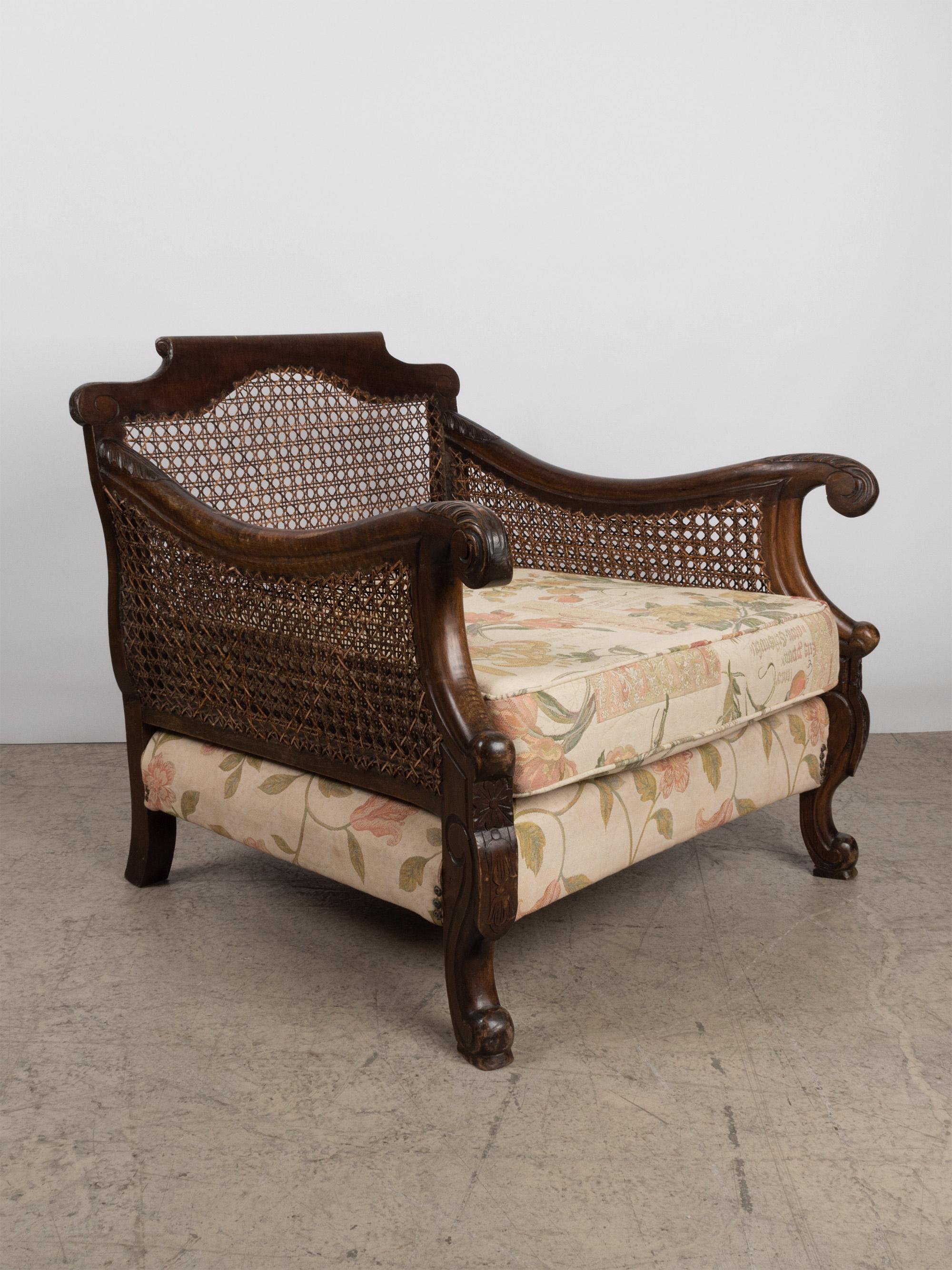 Fabric Antique Walnut Framed Bergere Cane Armchair, England, circa 1920