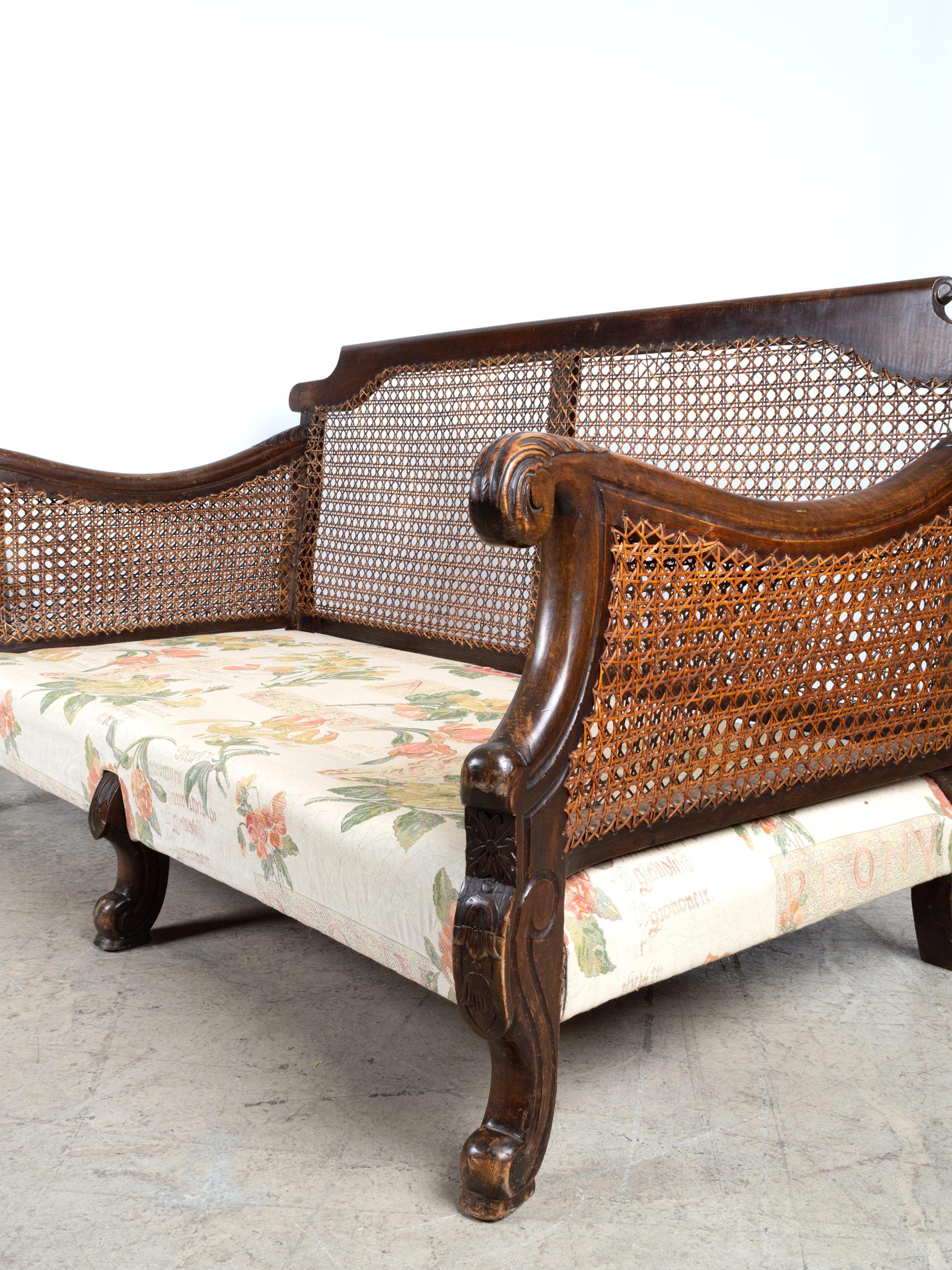 Fabric Antique English Caned Bergere Sofa, Circa 1920