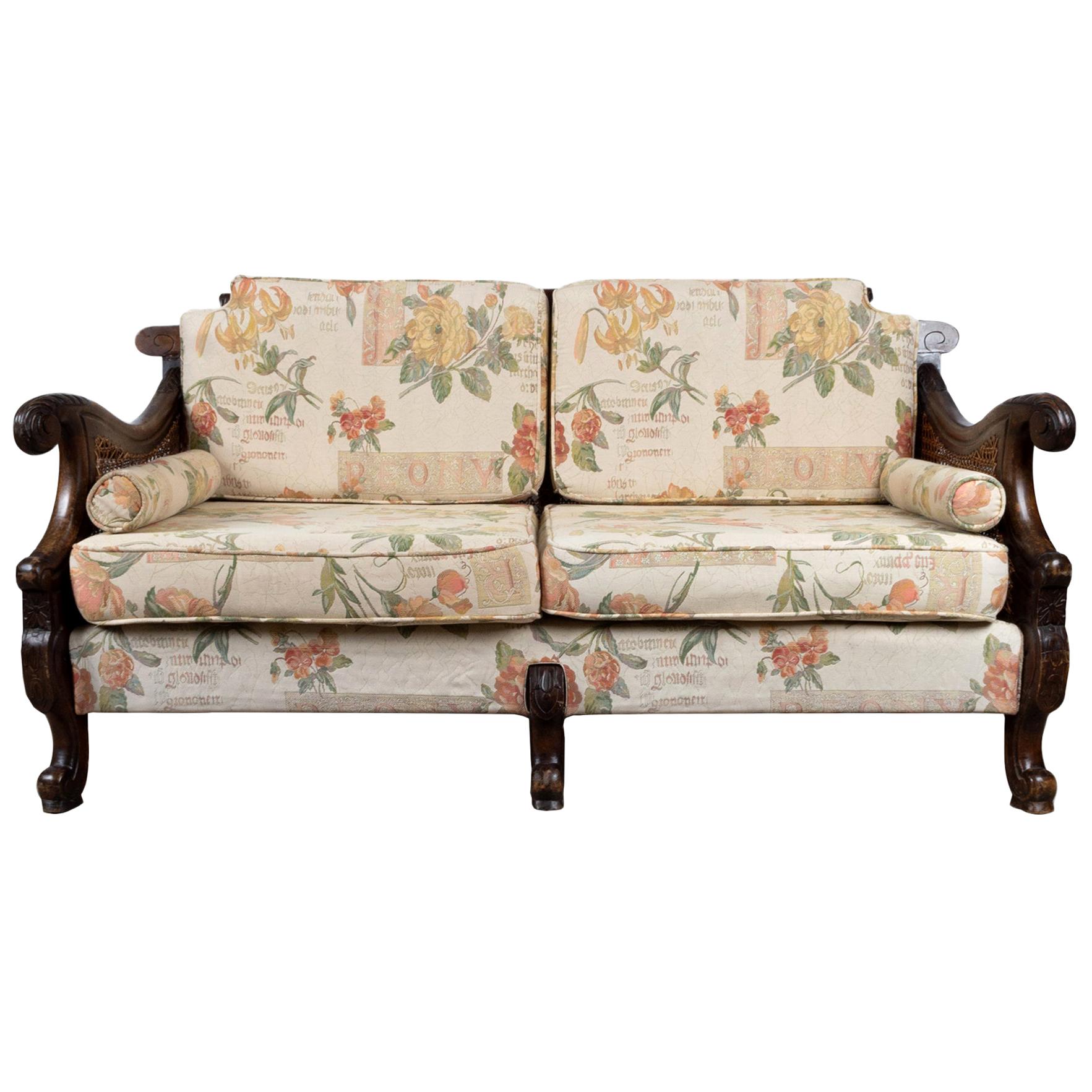 Antique English Caned Bergere Sofa, Circa 1920