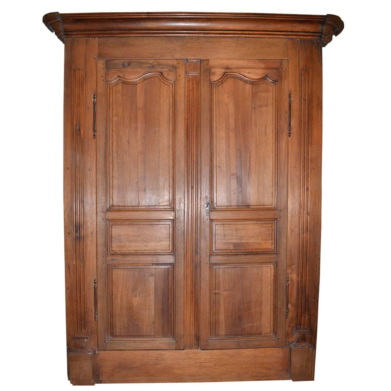 Antique Walnut French Armoire Doors with Original Frame, Crown and Hardware For Sale