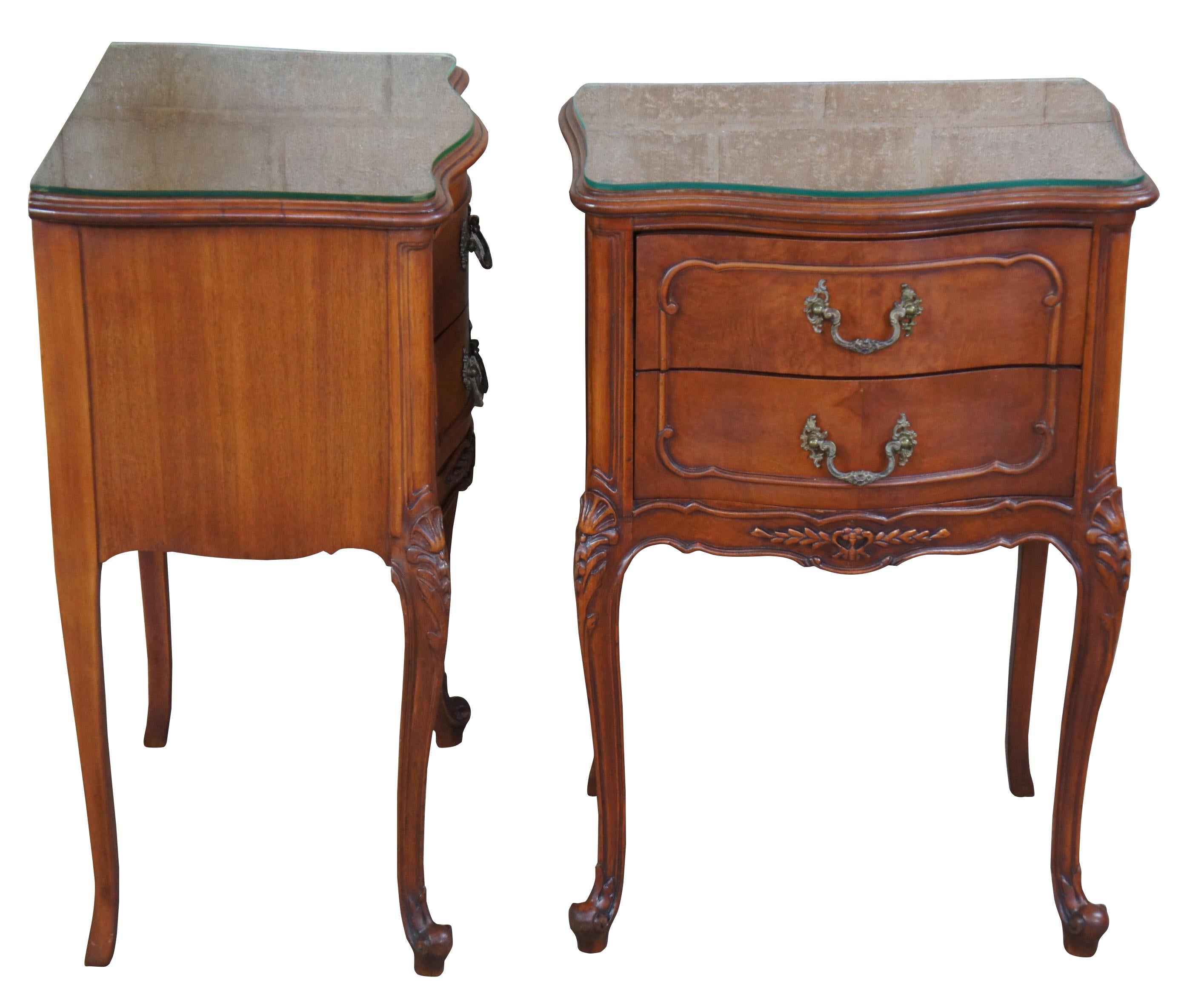 Antique walnut French Provincial Louis XV serpentine nightstands side end tables

