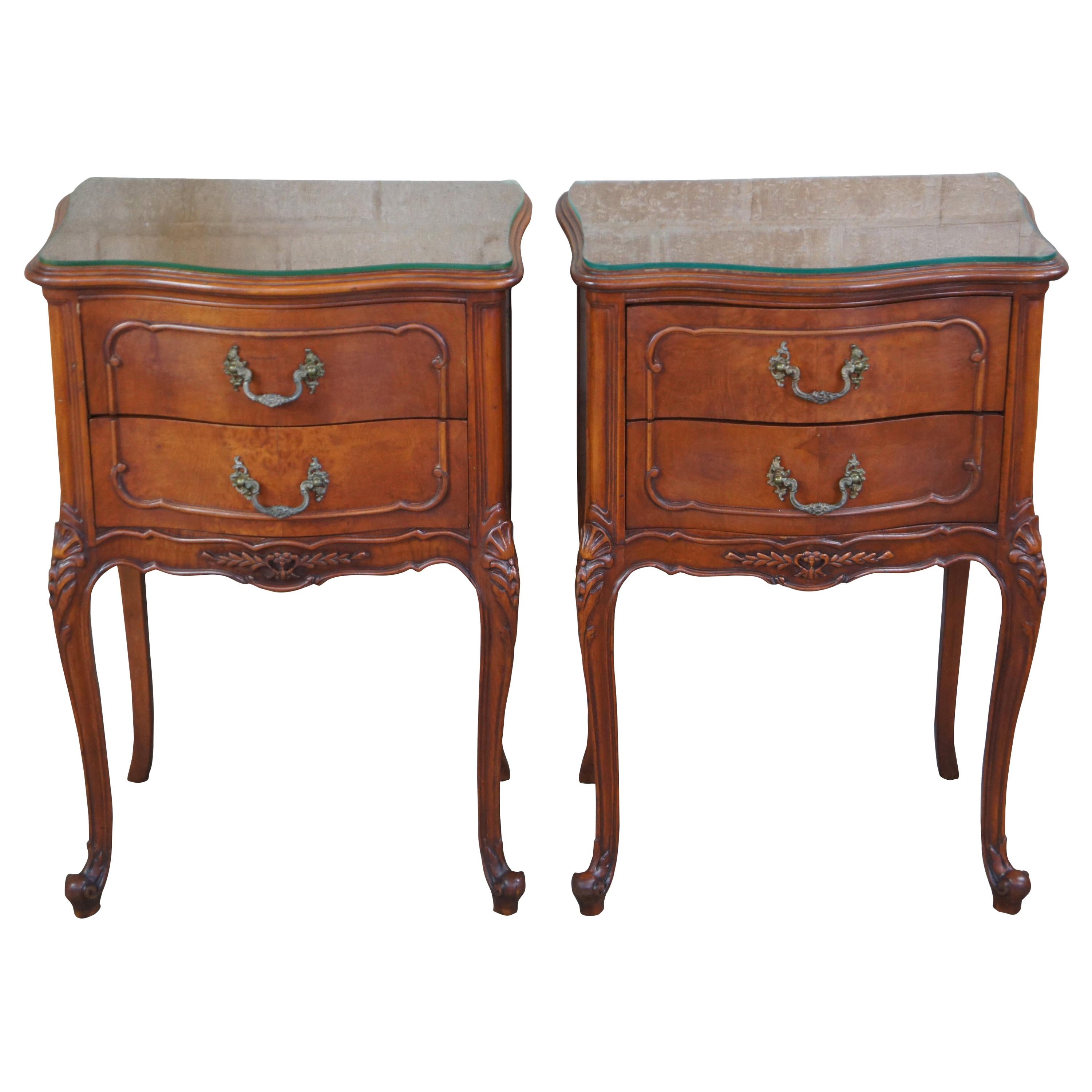 Antique Walnut French Provincial Louis XV Serpentine Nightstands Side End Tables