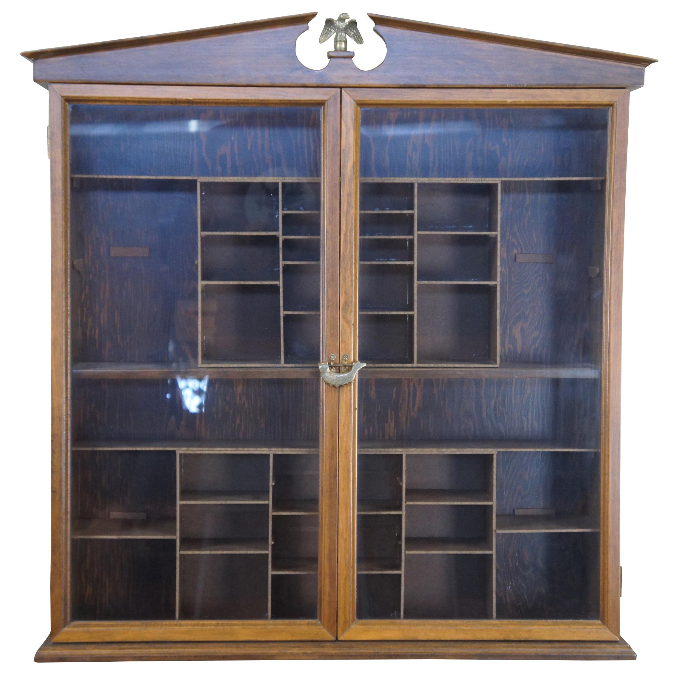 Antique Walnut George III Open Pediment Wall Curio Cabinet Federal Eagle Shelf For Sale
