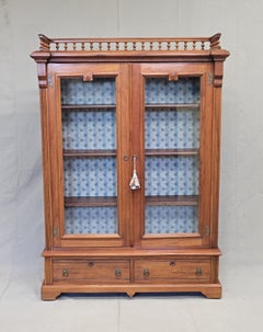 Antique Walnut Glass Door Bookcase With Blue Interior
