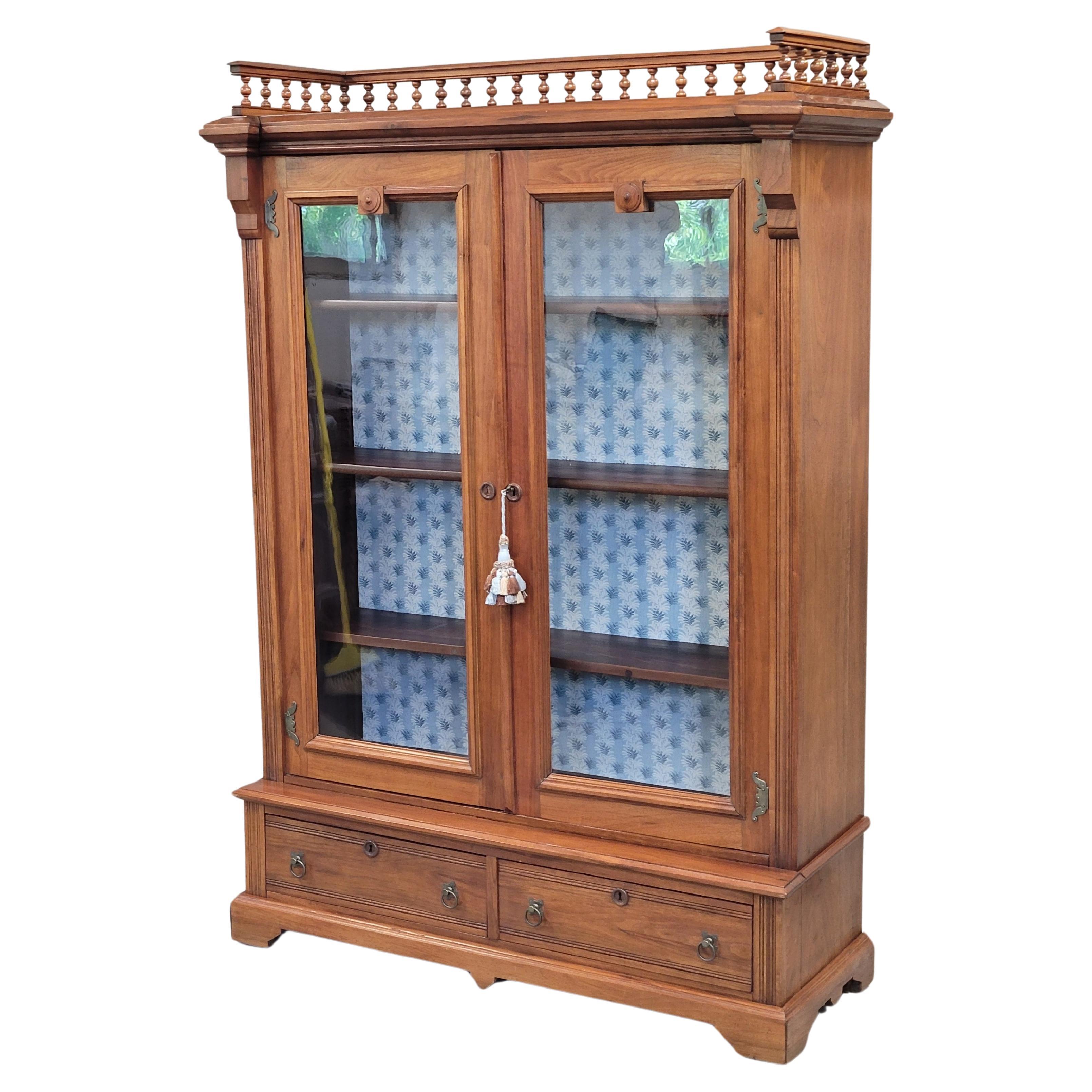 Antique Walnut Glass Door Bookcase With Blue Interior