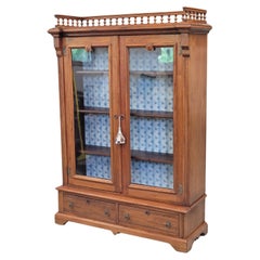 Antique Walnut Glass Door Bookcase With Blue Interior