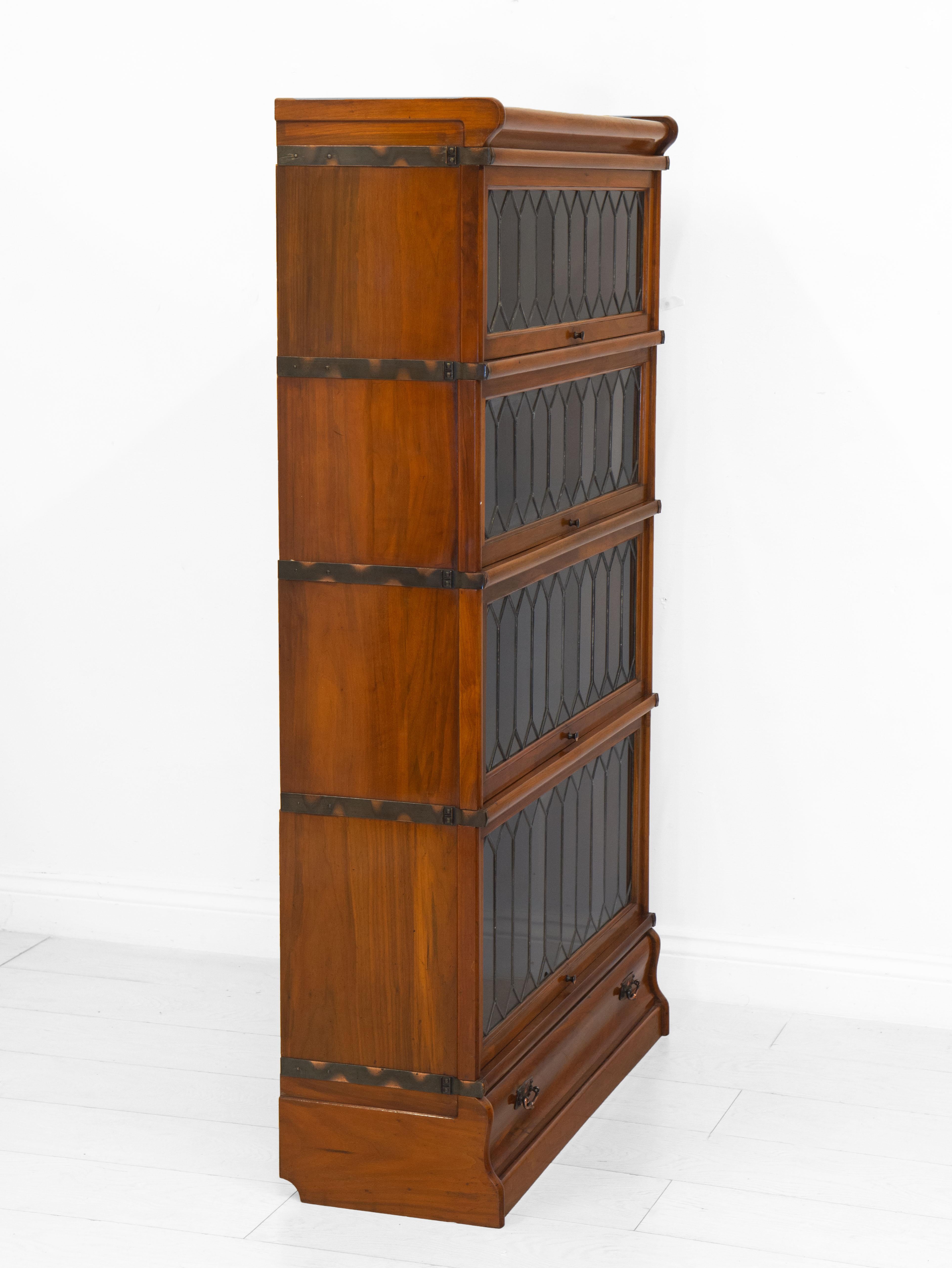 Antique Walnut Globe Wernicke Four Section Leaded Glass Bookcase with Drawer In Good Condition In Norwich, GB