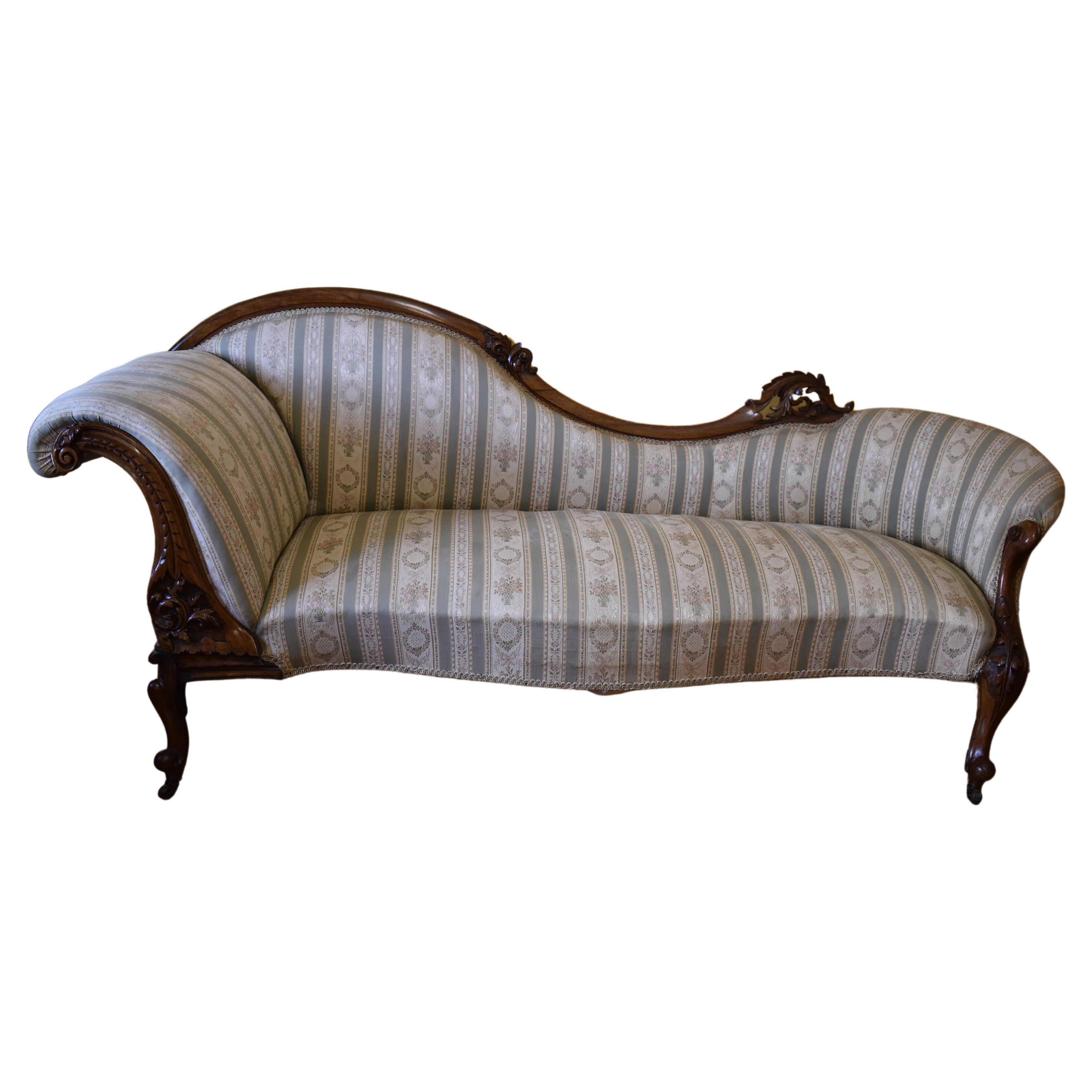 Antique Walnut Gold Green Floral Chaise