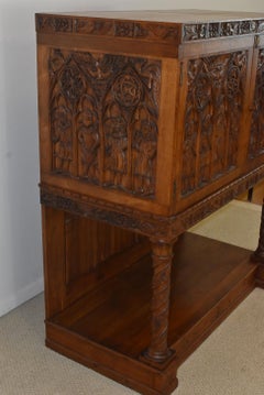 Antique Walnut Gothic Revival Carved Liquor Cabinet Birds Fox Mythical Faces