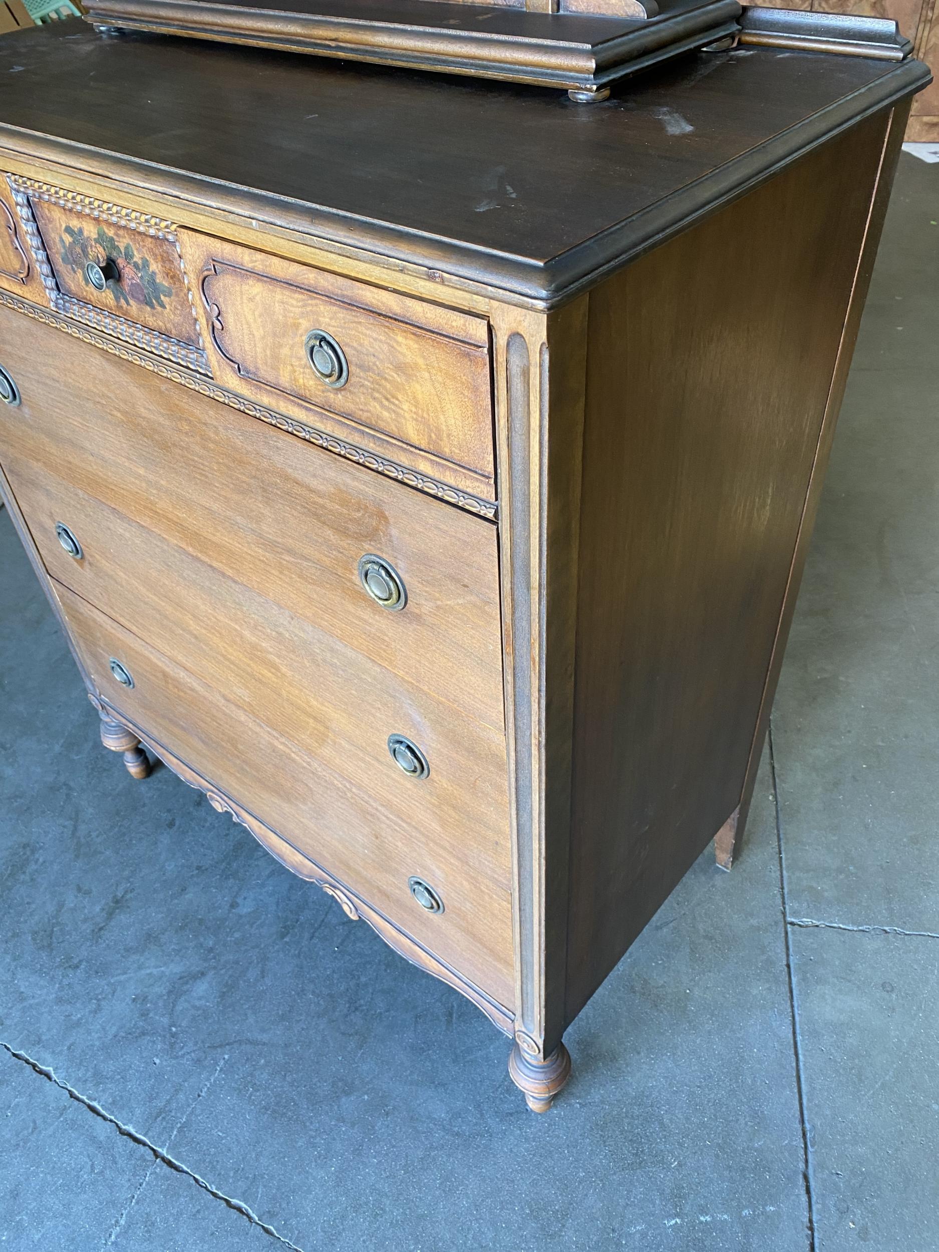 Antique Walnut Highboy Dresser w/ Vanity Table Mirror by Berkey & Gay Furniture For Sale 1