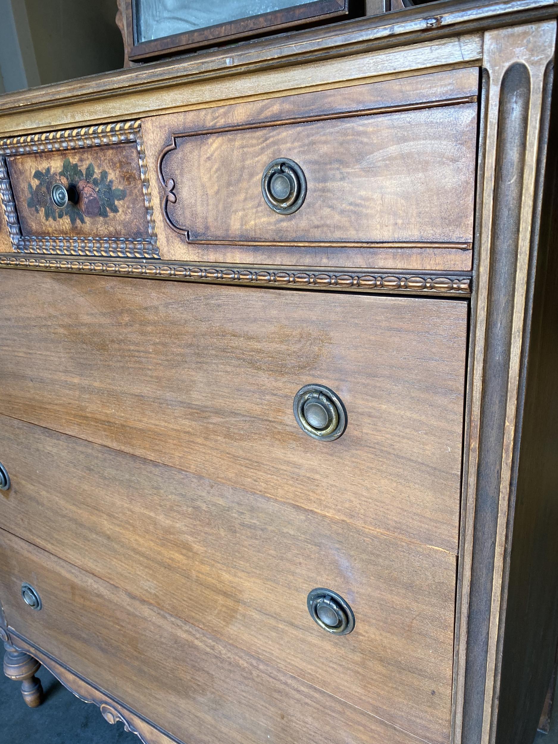 Antique Walnut Highboy Dresser w/ Vanity Table Mirror by Berkey & Gay Furniture For Sale 2