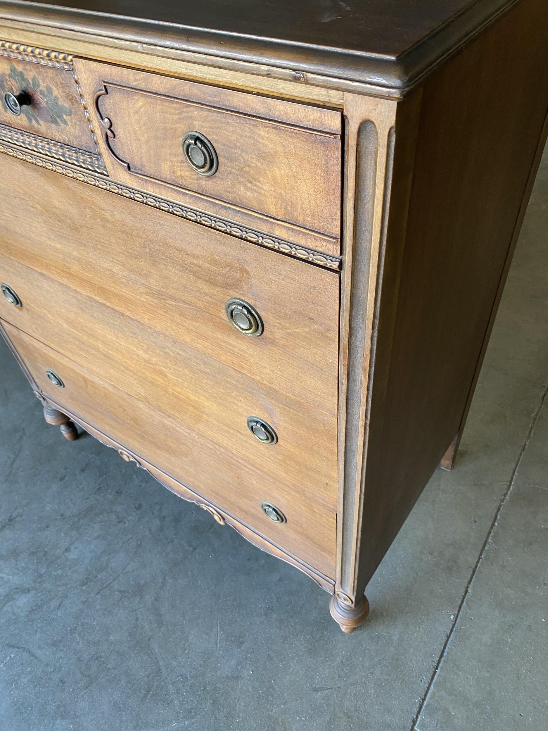 Antique Walnut Highboy Dresser w/ Vanity Table Mirror by Berkey & Gay Furniture For Sale 4