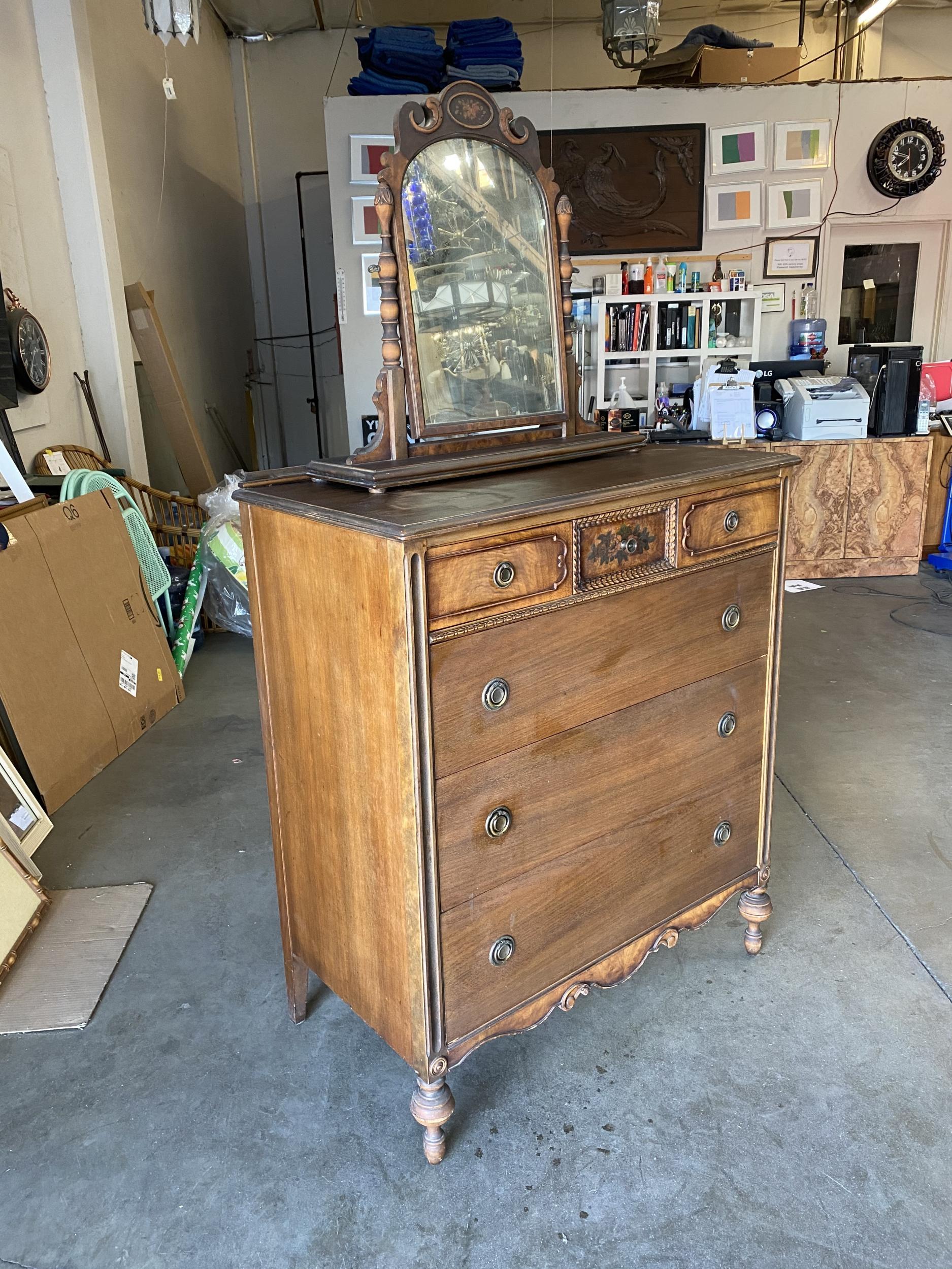 Antique walnut highboy dresser with vanity table mirror by Berkey & Gay Furniture featuring 3 long full-size drawers and 3 small top drawers.