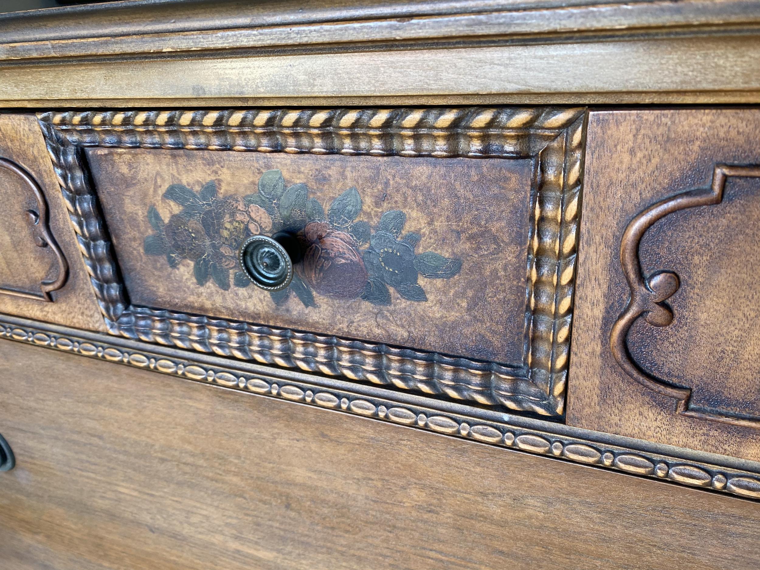 Mid-20th Century Antique Walnut Highboy Dresser w/ Vanity Table Mirror by Berkey & Gay Furniture For Sale