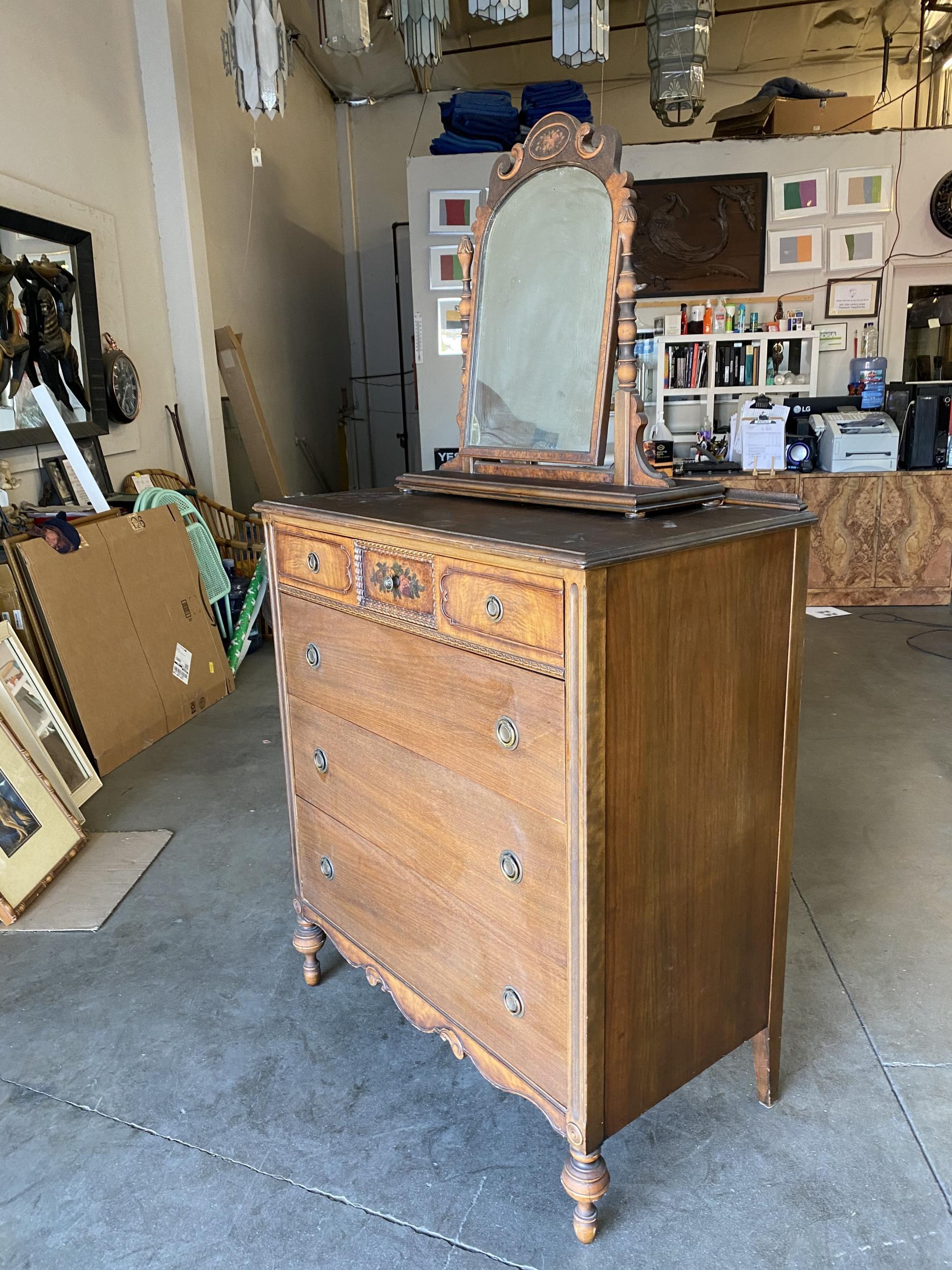 Wood Antique Walnut Highboy Dresser w/ Vanity Table Mirror by Berkey & Gay Furniture For Sale