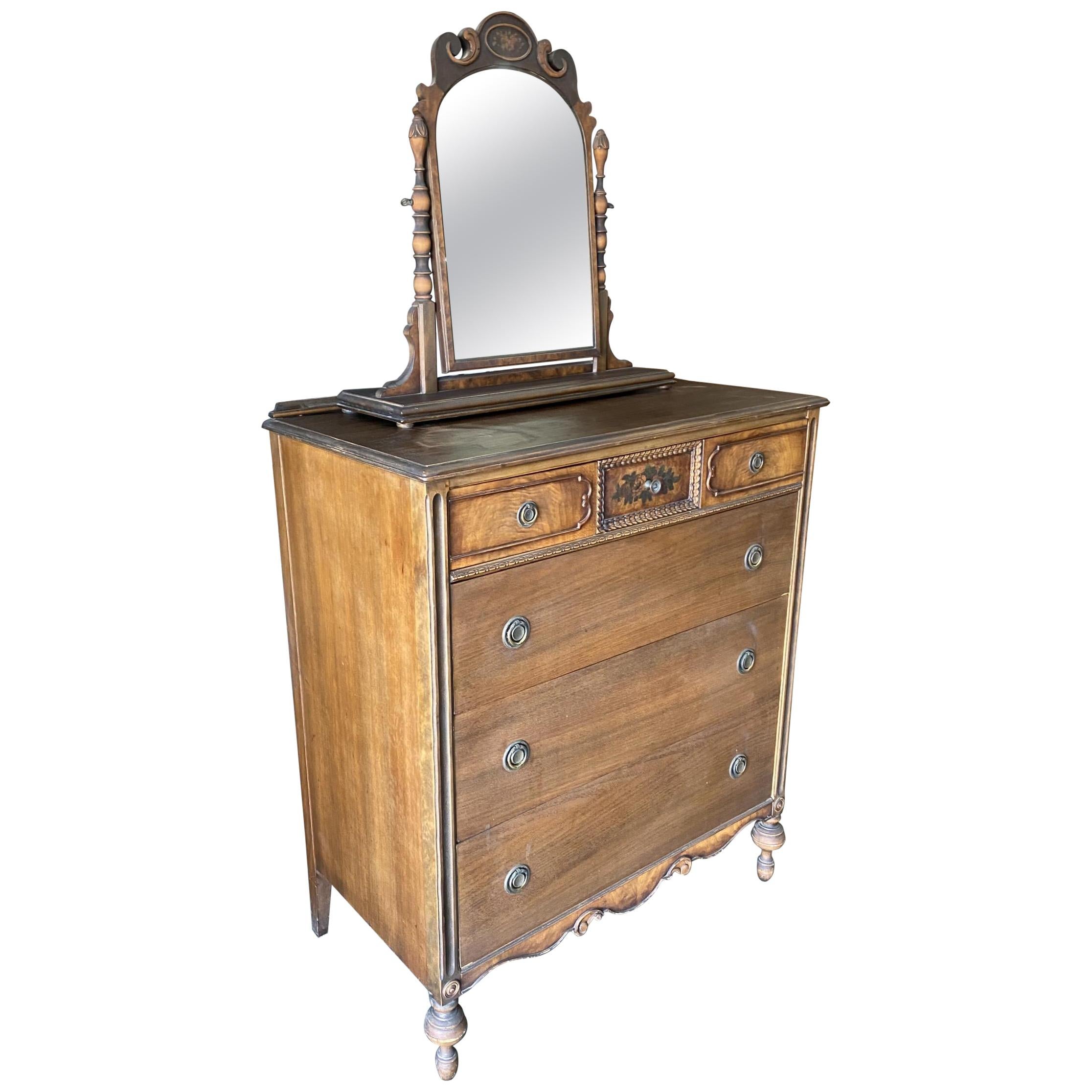 Antique Walnut Highboy Dresser w/ Vanity Table Mirror by Berkey & Gay Furniture For Sale