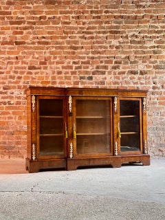 Antique Walnut Inlaid Breakfront Bookcase Cabinet Napoleon III, circa 1870