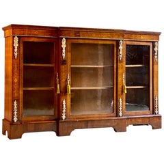 Antique Walnut Inlaid Breakfront Bookcase Cabinet Napoleon III, circa 1870