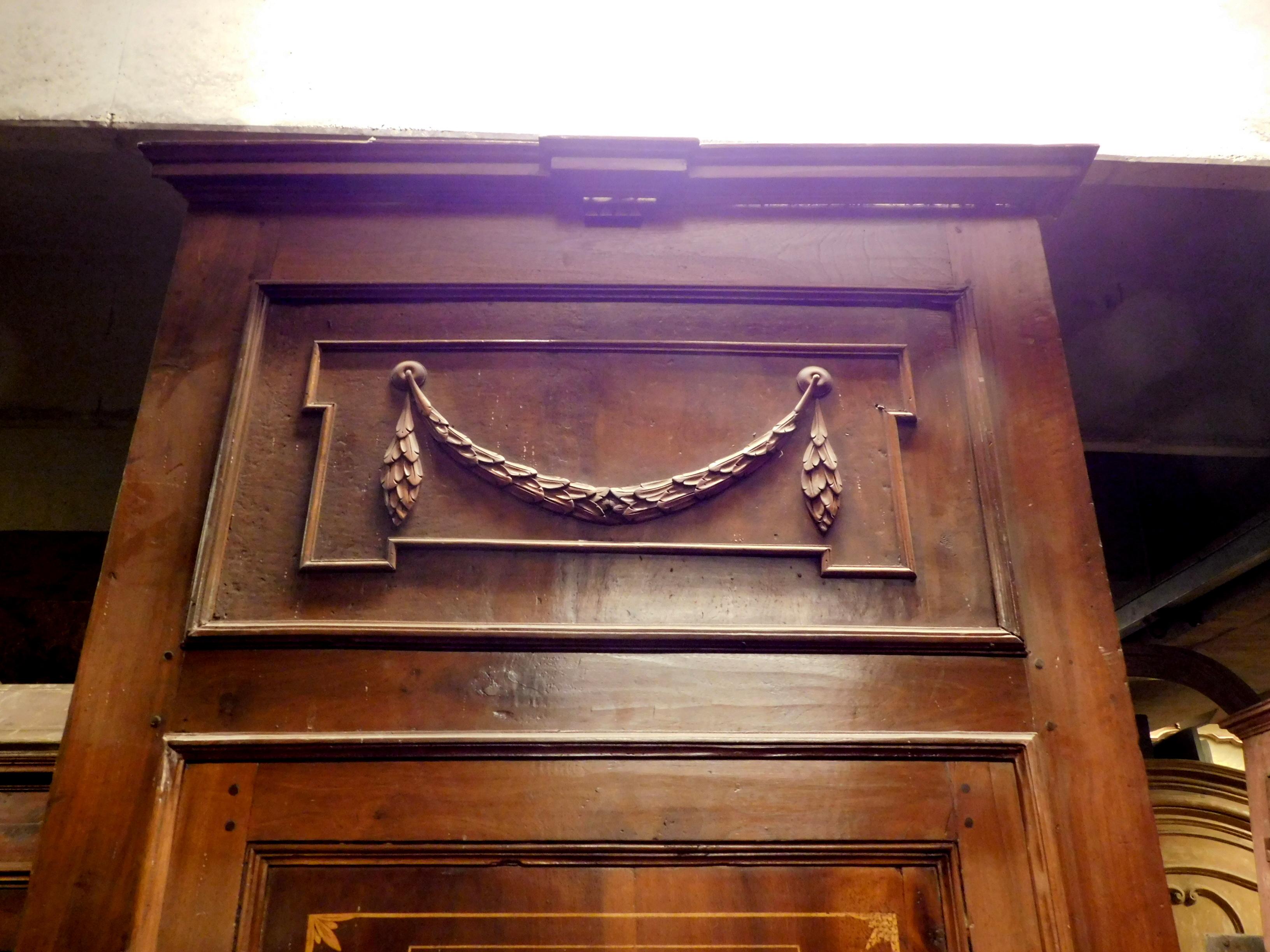 Italian Antique Walnut Inlays Internal Door with Frame, 18th Century, Italy For Sale