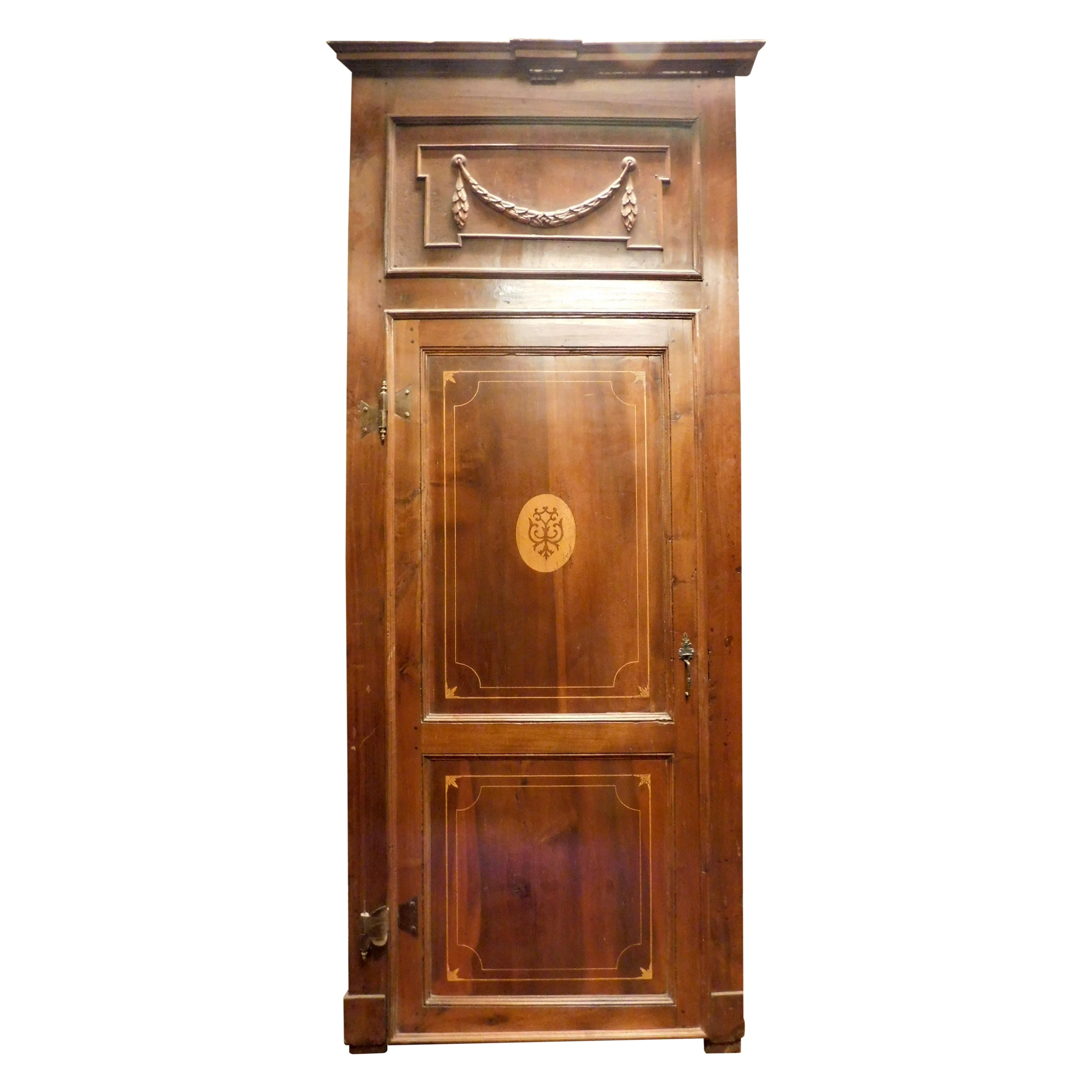 Antique Walnut Inlays Internal Door with Frame, 18th Century, Italy