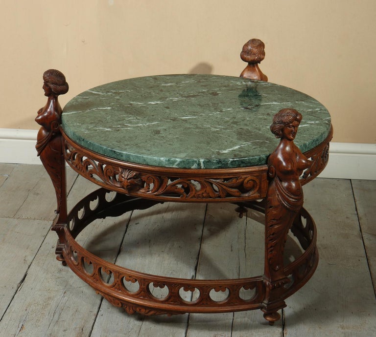 Antique Walnut Italian Carved Coffee Table With Marble Top Circa 1880