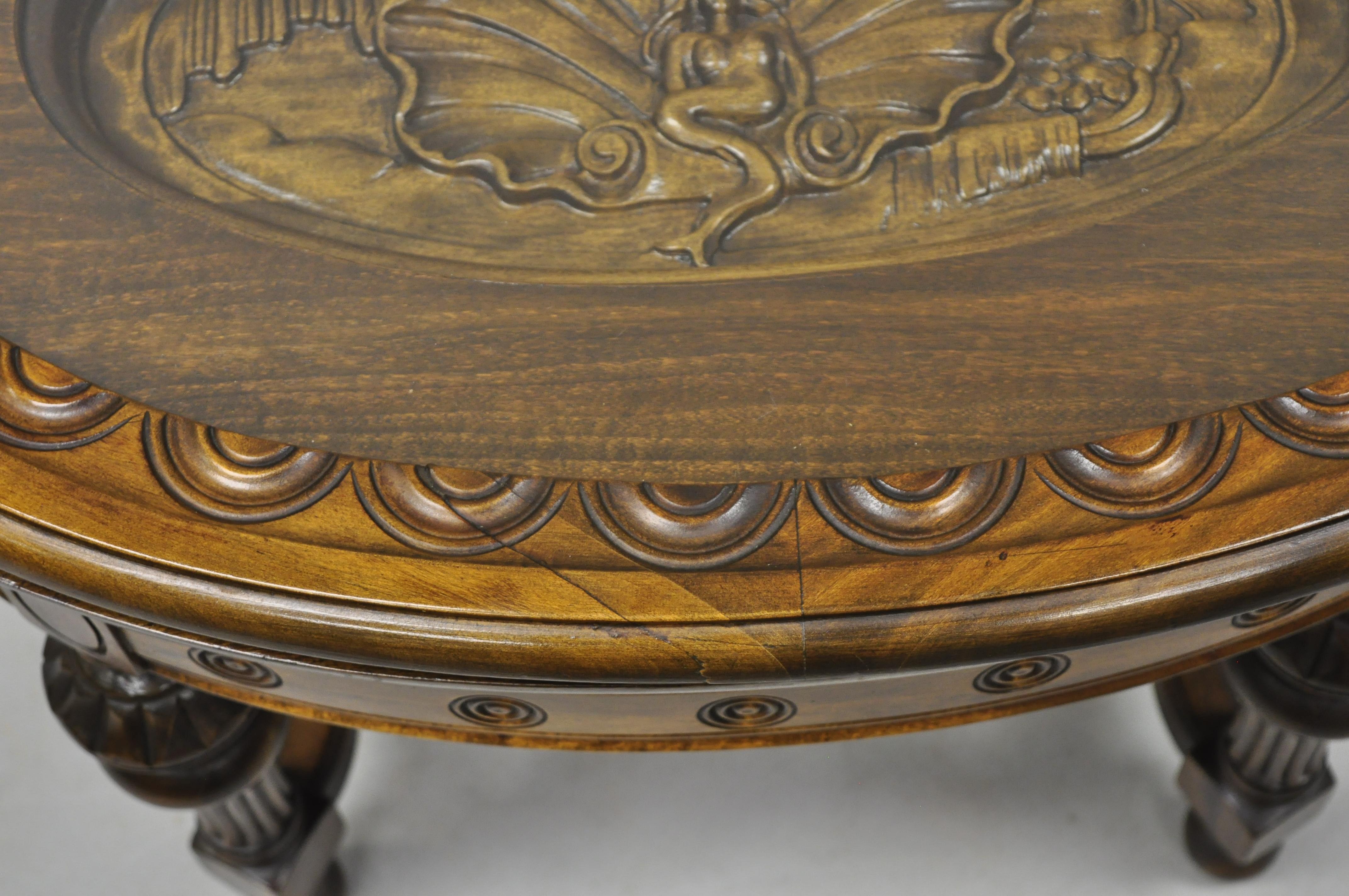 Antique Walnut Jacobean Style Small Coffee Display Table Shell & Mermaid Carving In Good Condition In Philadelphia, PA