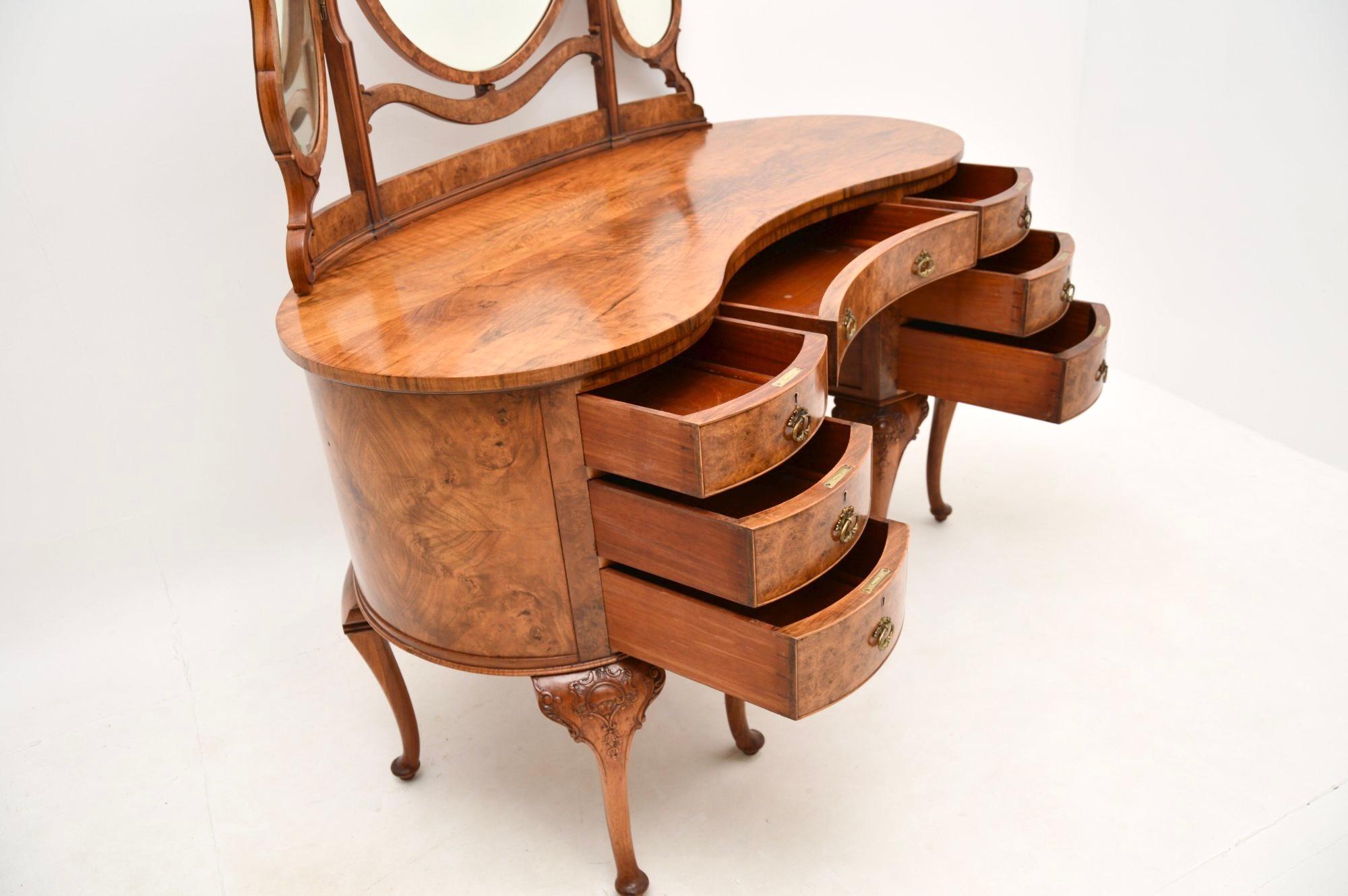 Early 20th Century Antique Walnut Kidney Shaped Dressing Table and Stool