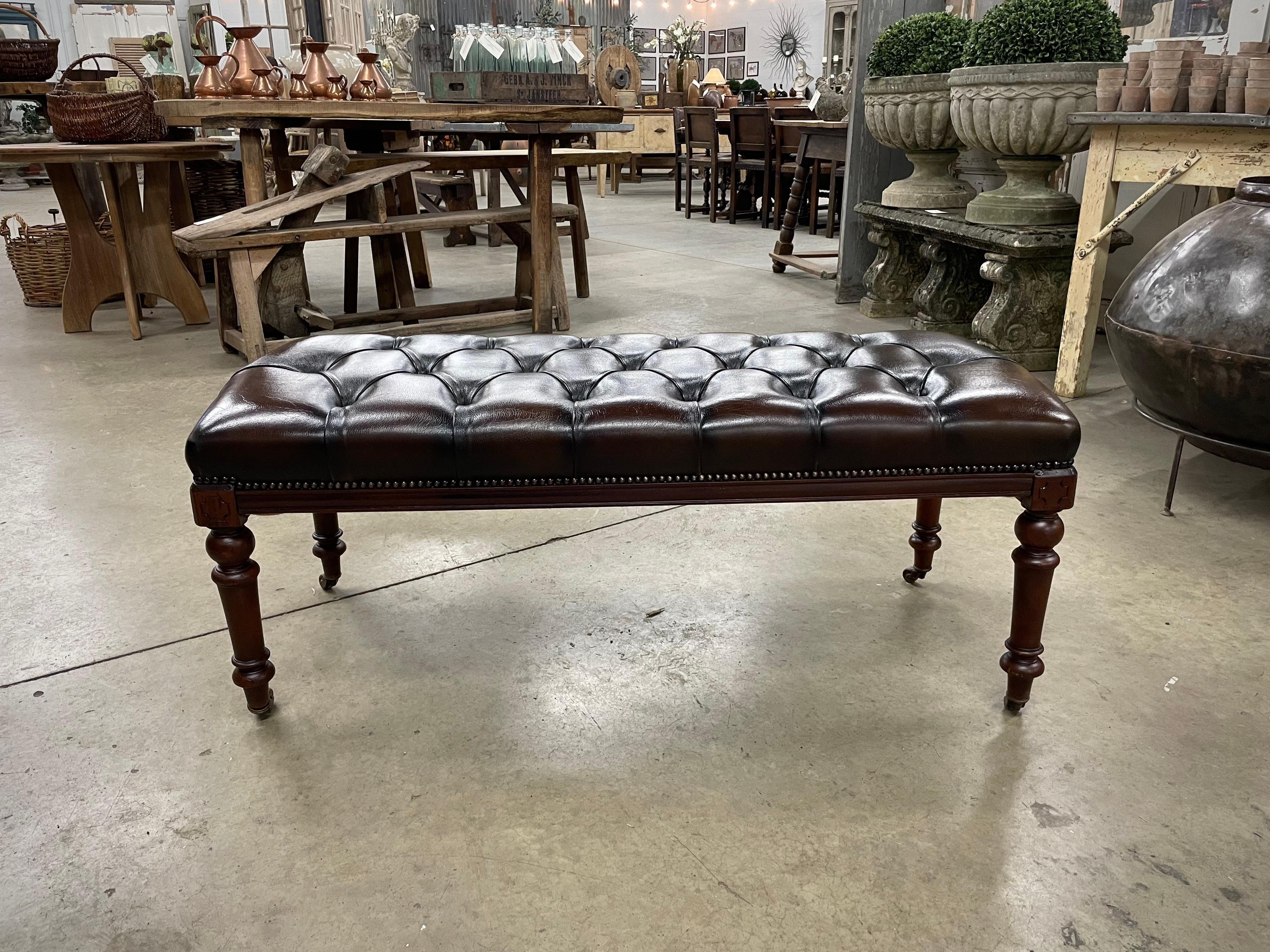 British Antique Walnut Leather Bench For Sale