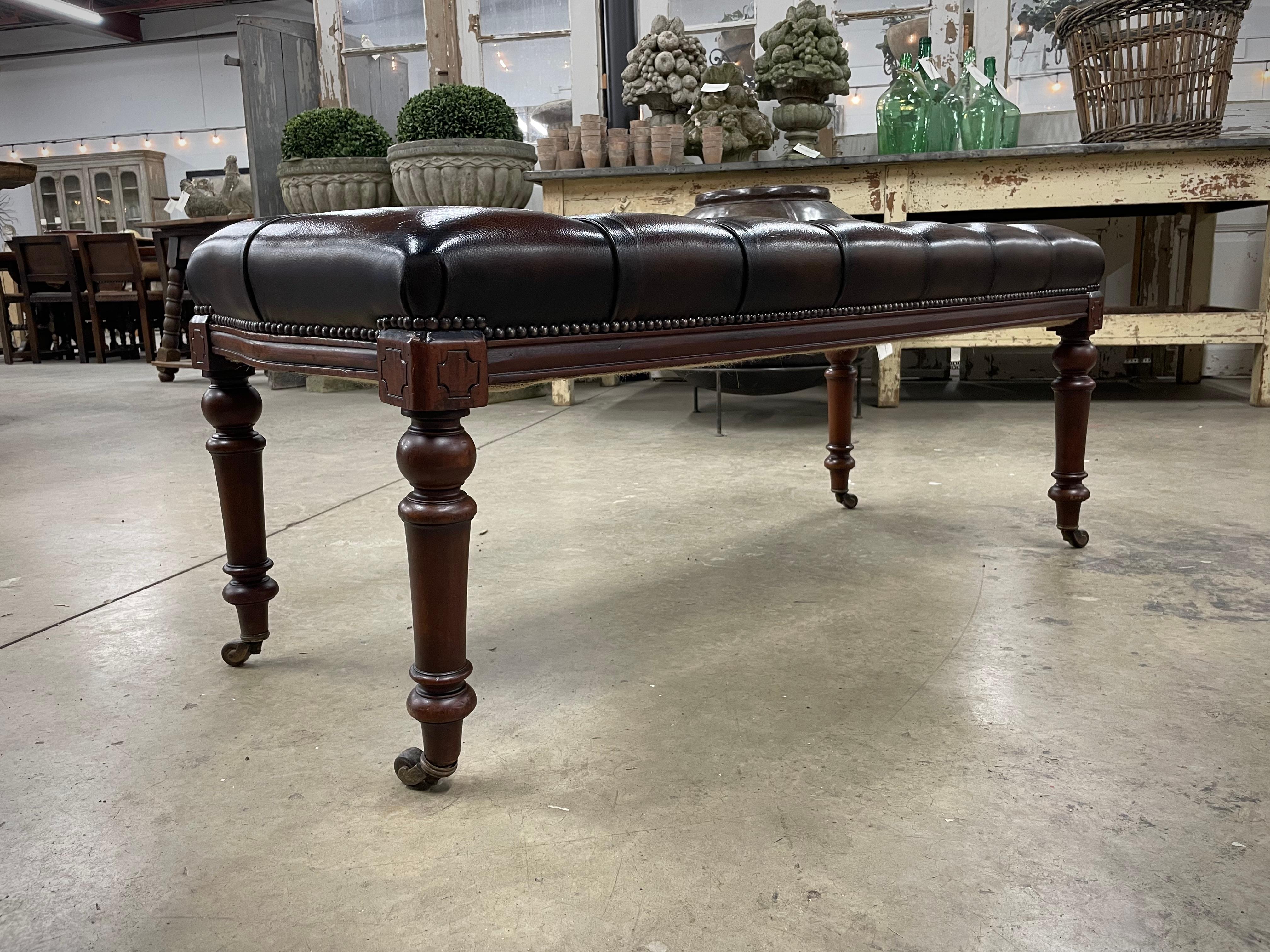 Antique Walnut Leather Bench In Good Condition For Sale In Calgary, Alberta