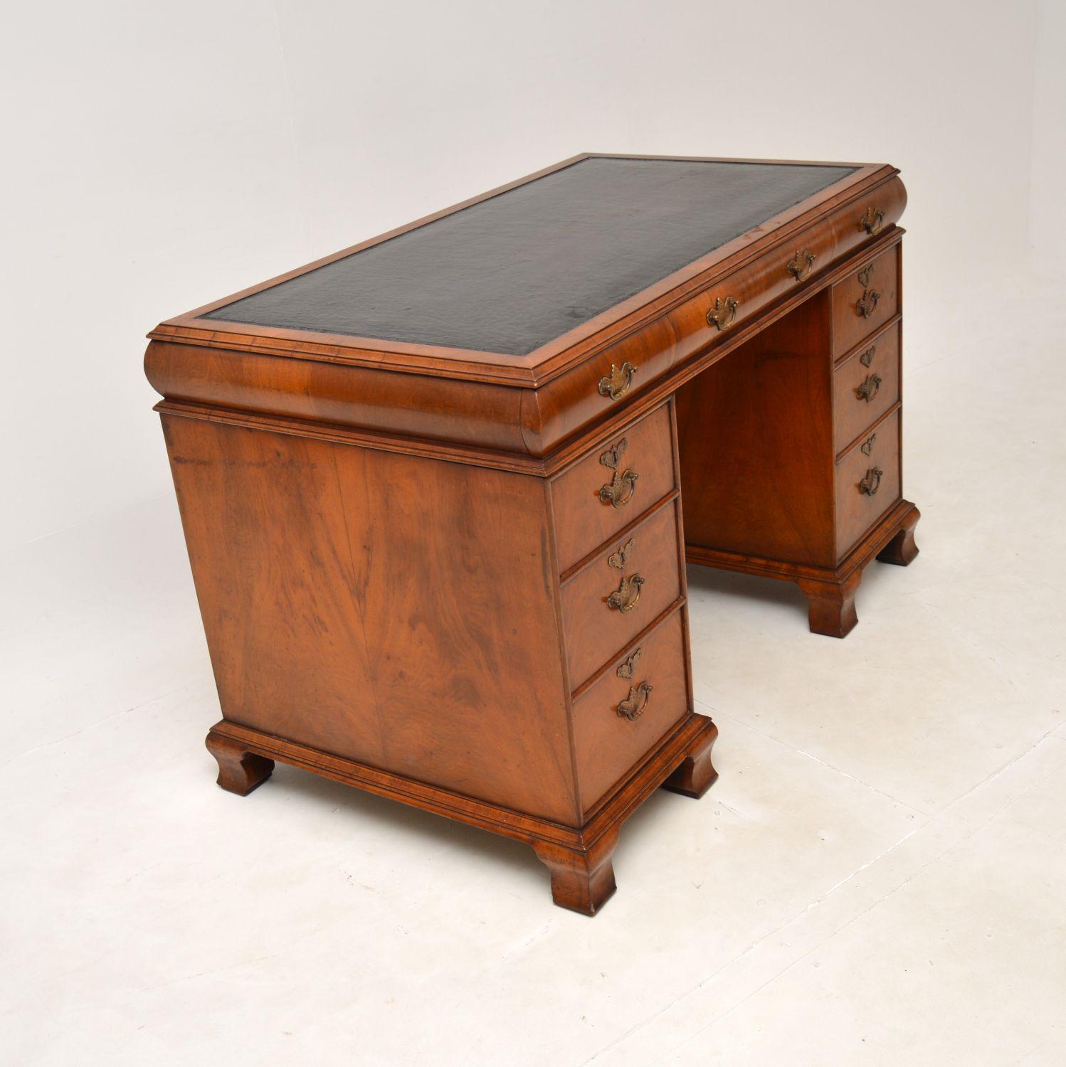 Victorian Antique Walnut Leather Top Pedestal Desk For Sale