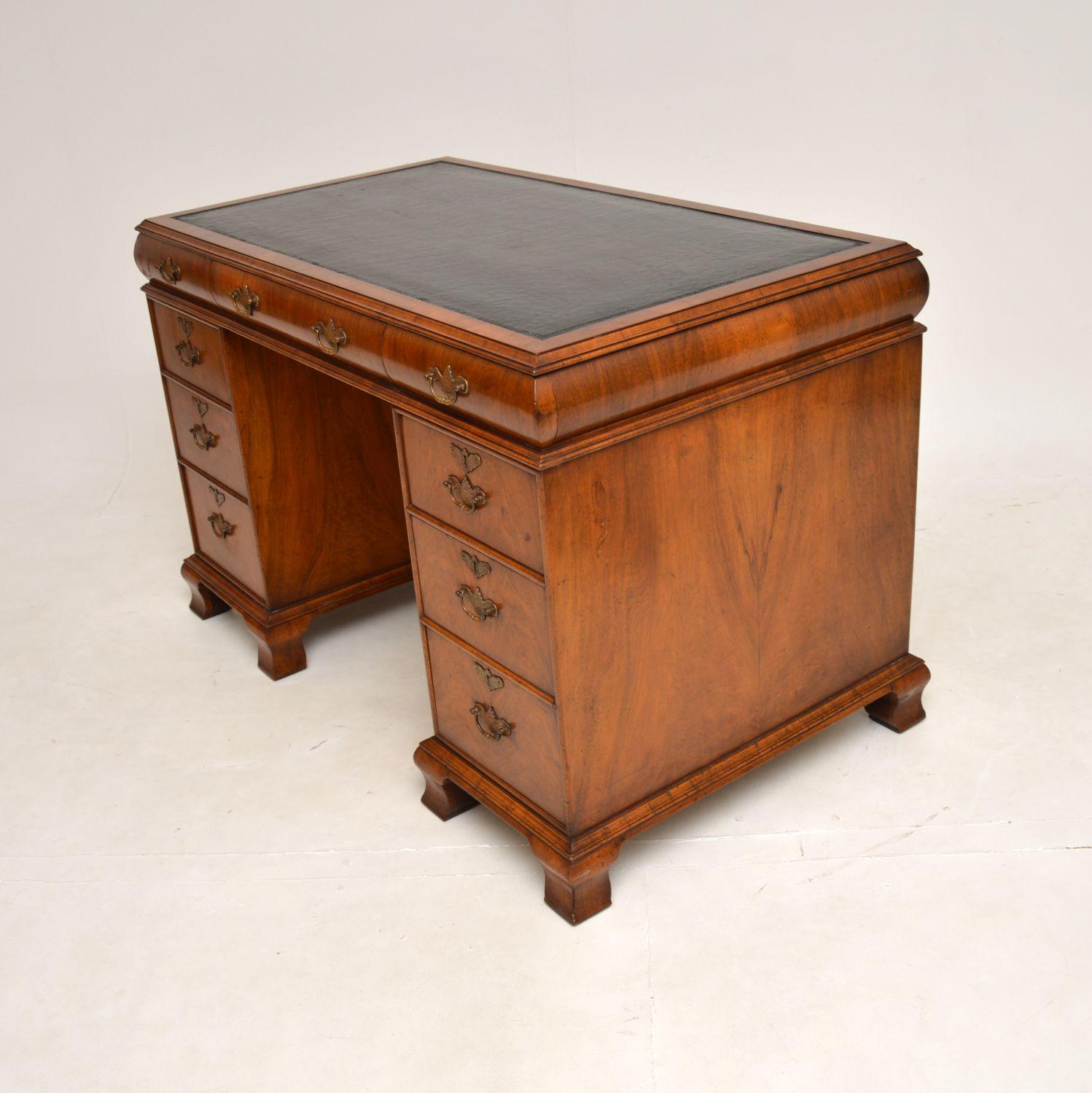 British Antique Walnut Leather Top Pedestal Desk For Sale