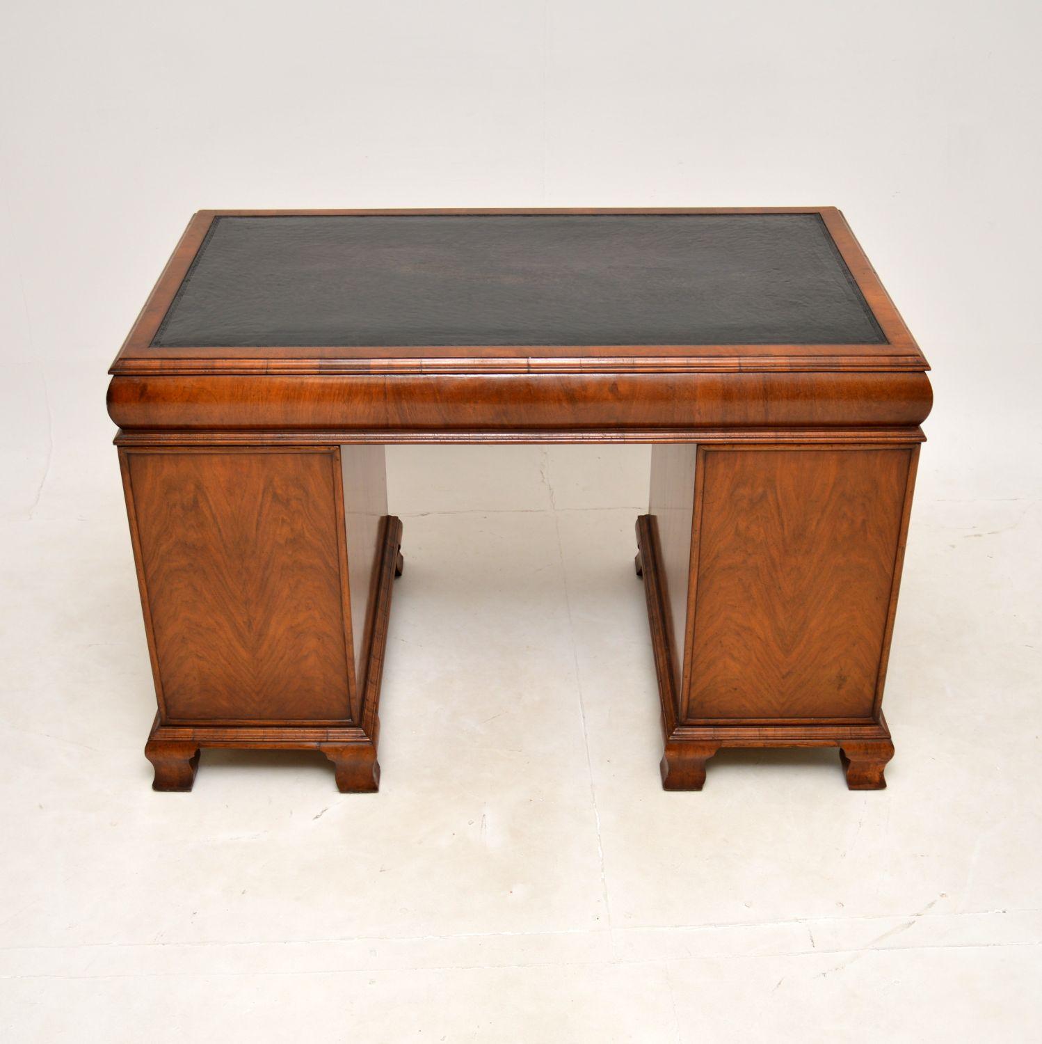 Late 19th Century Antique Walnut Leather Top Pedestal Desk For Sale