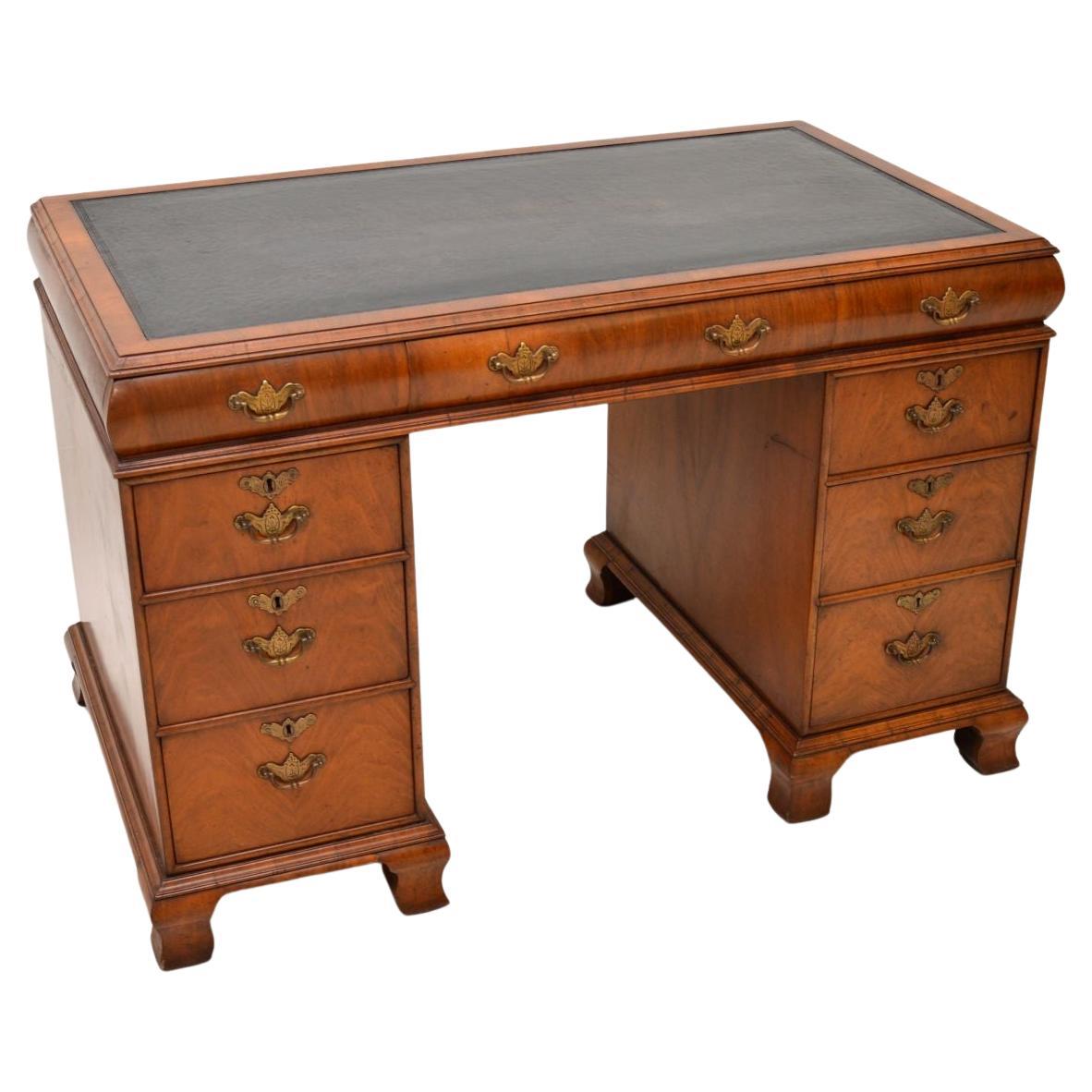 Antique Walnut Leather Top Pedestal Desk For Sale