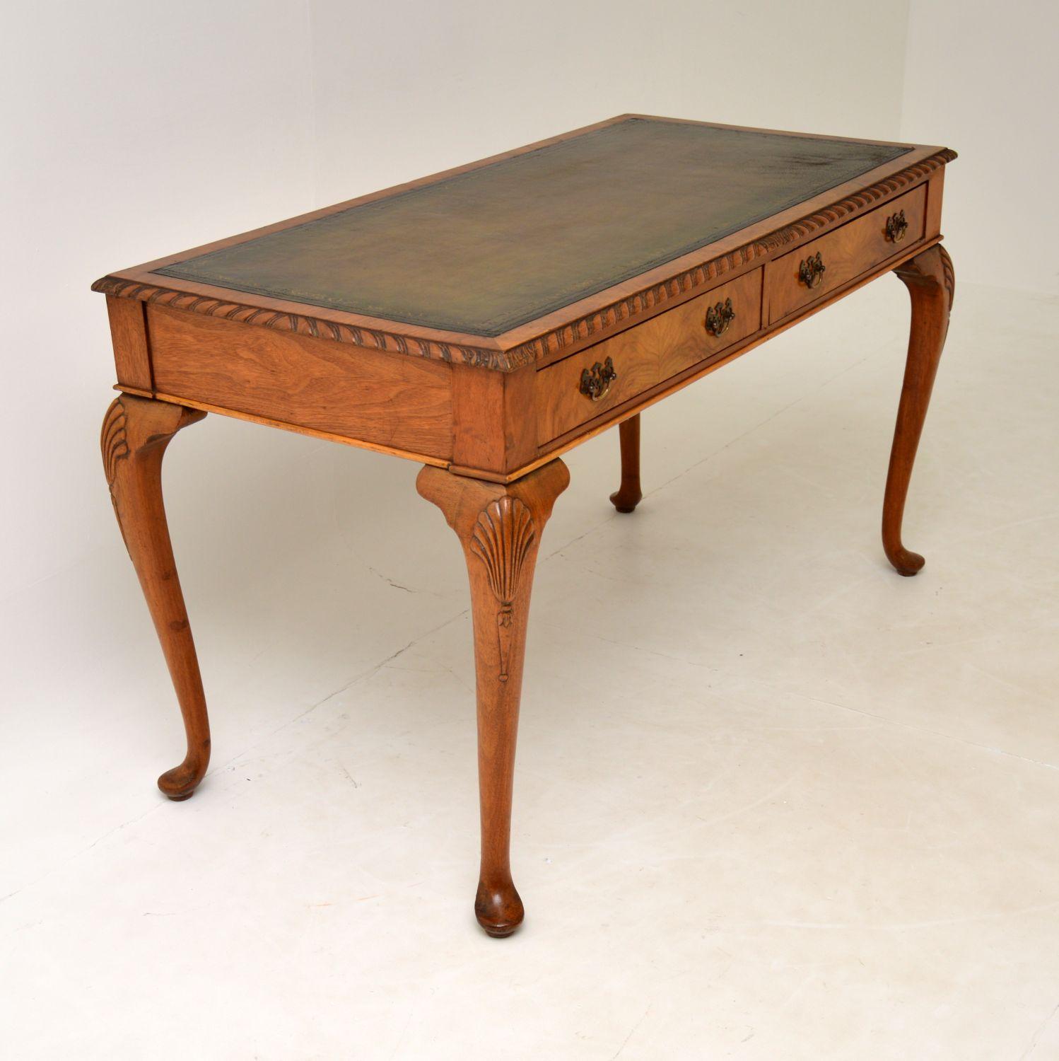 Early 20th Century Antique Walnut Leather Top Writing Table / Desk