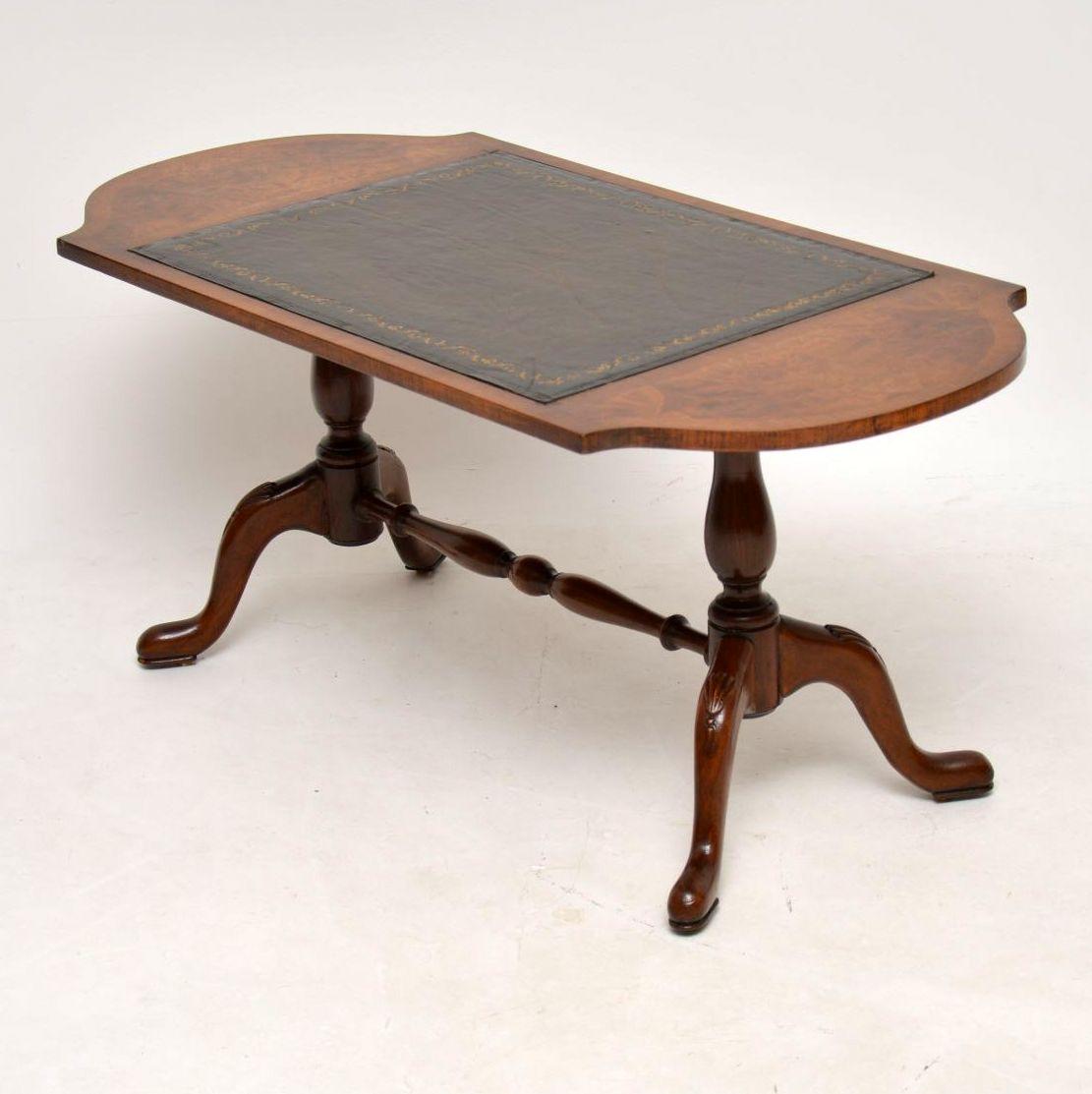 English Antique Walnut Leather Topped Coffee Table