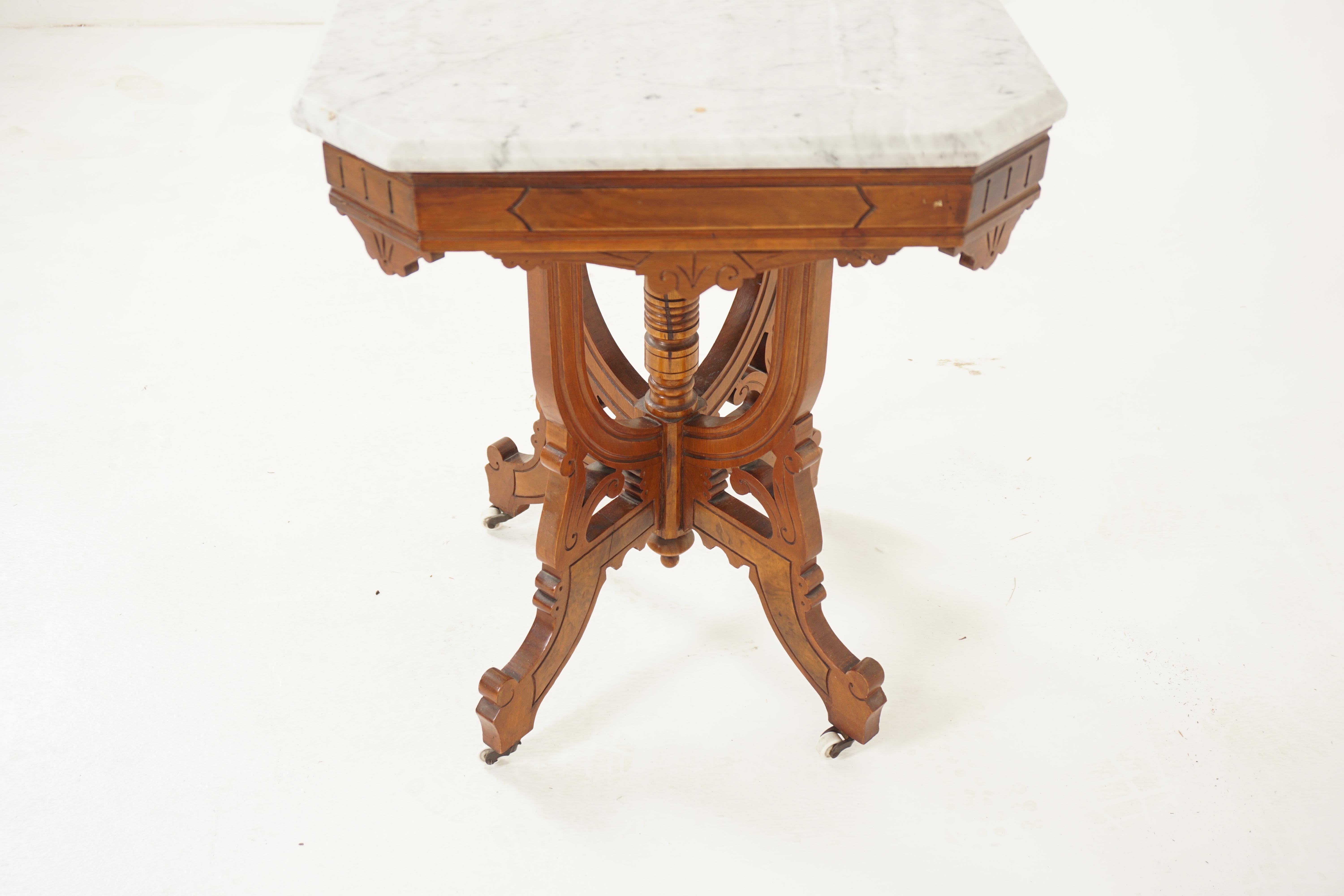 19th Century Antique Walnut Marble Top East Lake Hall, Parlour Table, American 1880