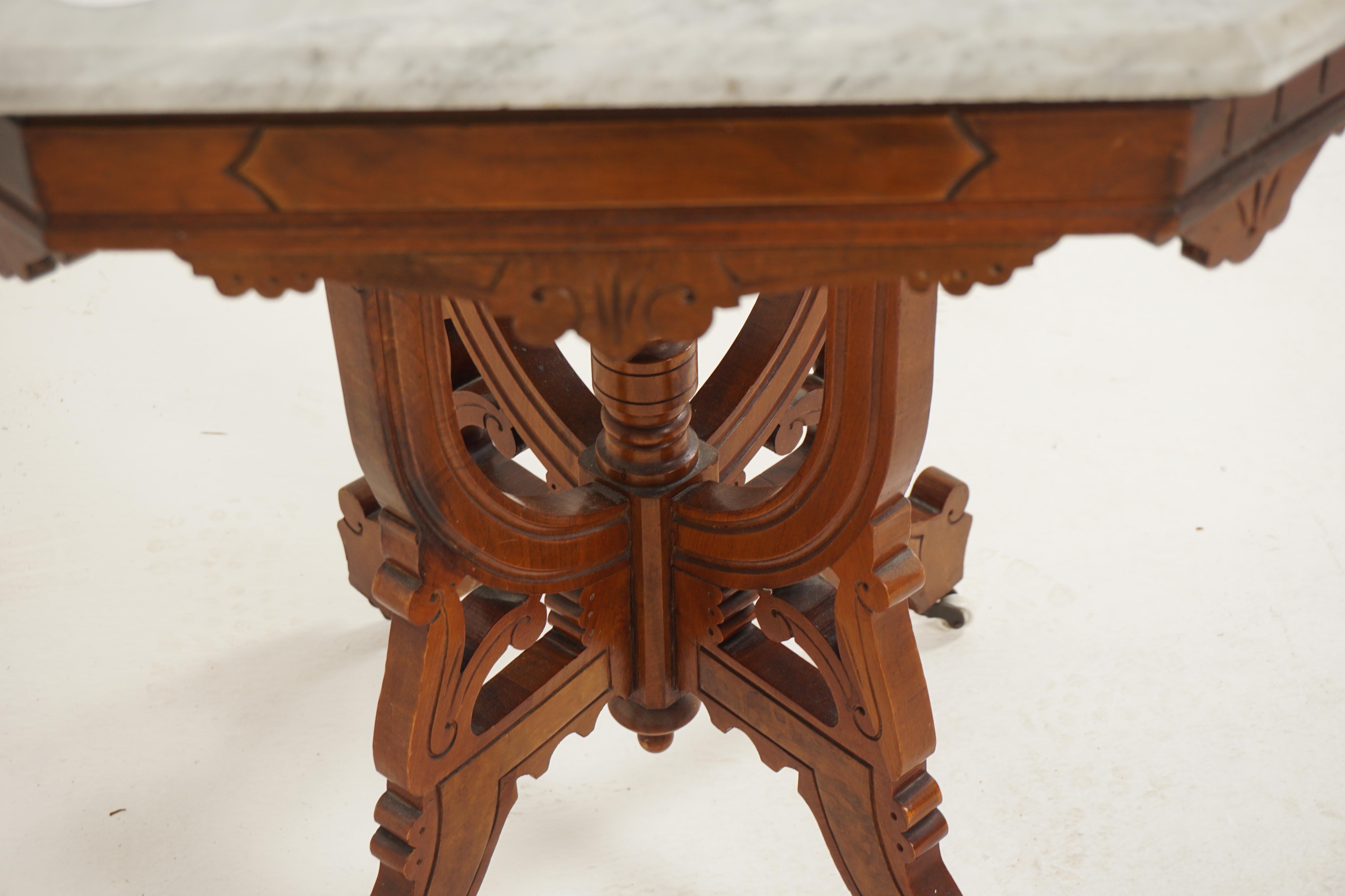 Antique Walnut Marble Top East Lake Hall, Parlour Table, American 1880 1