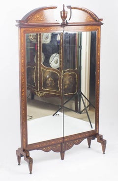 Antique Walnut Marquetry Mirror Screen / Cheval Mirror, 19th Century