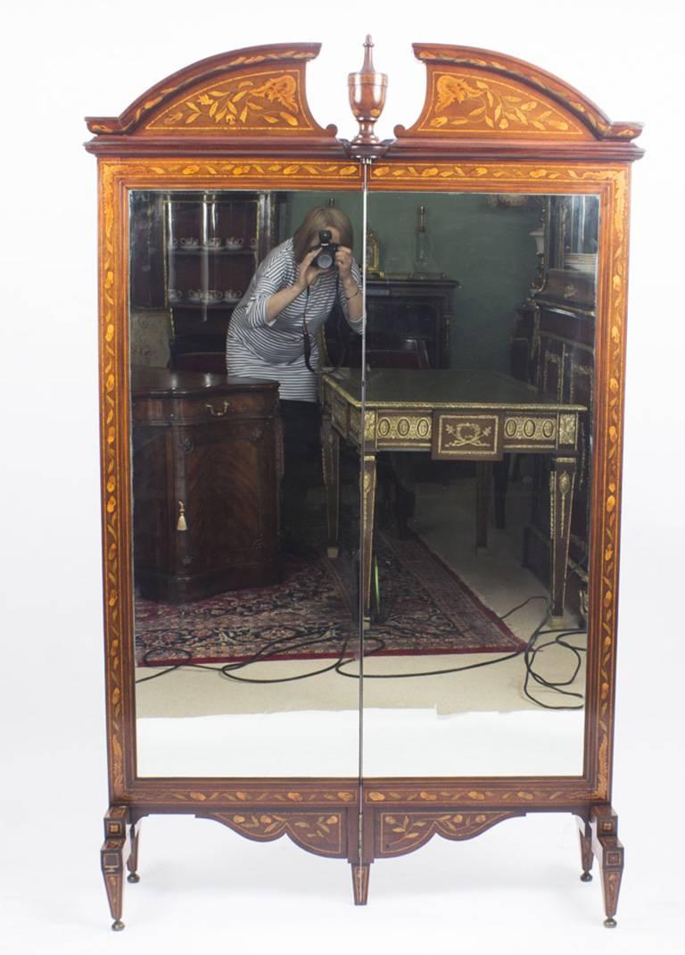 Dutch Antique Walnut Marquetry Mirror Screen / Cheval Mirror, 19th Century