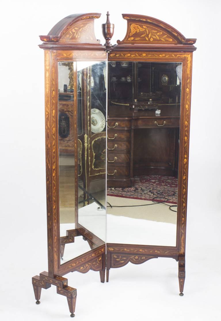 Antique Walnut Marquetry Mirror Screen / Cheval Mirror, 19th Century In Excellent Condition In London, GB